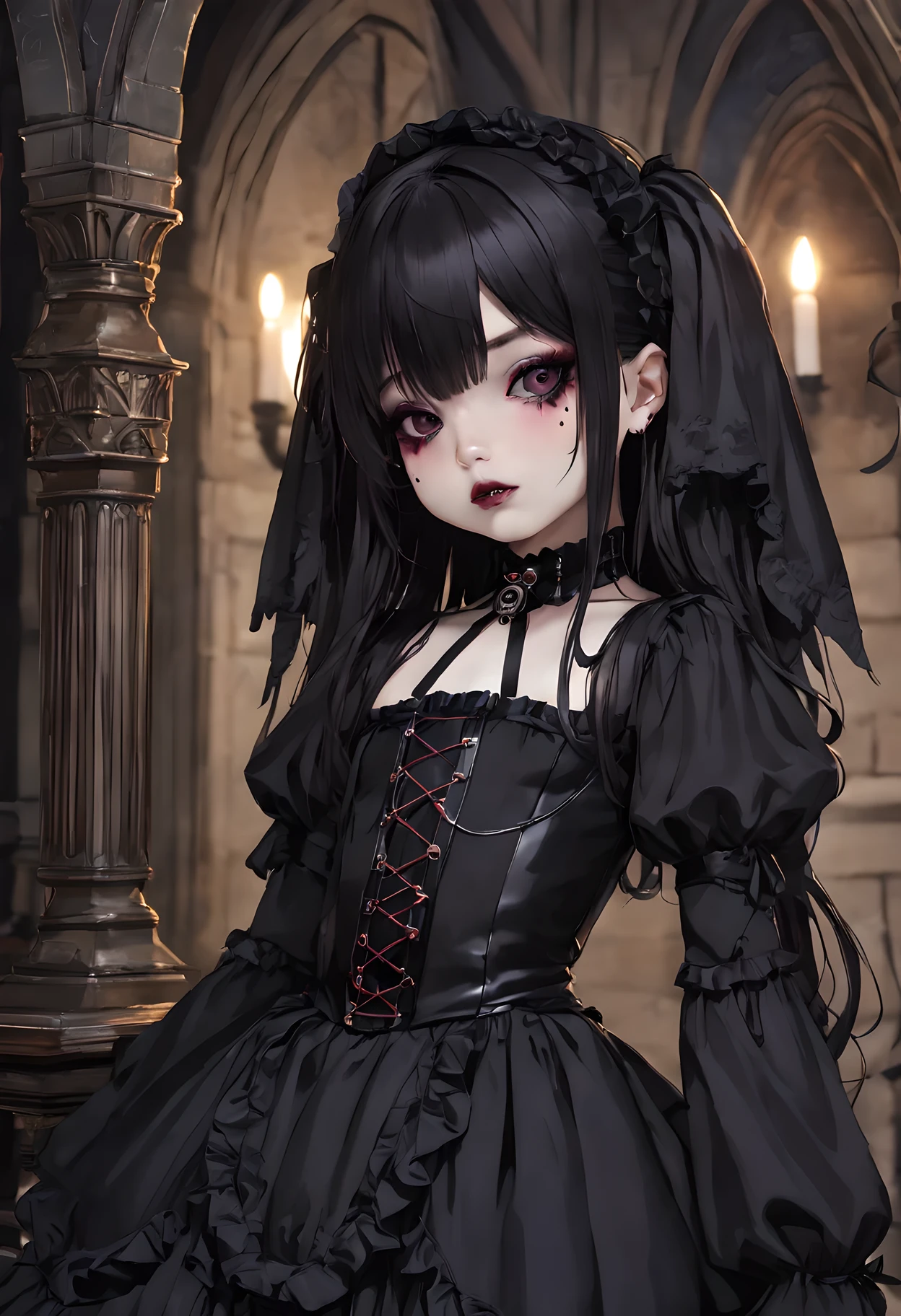 Masterpiece, best quality, gothic aesthetics, 1 girl in gothic costume with heavy black makeup, gothic world, gorgeous,