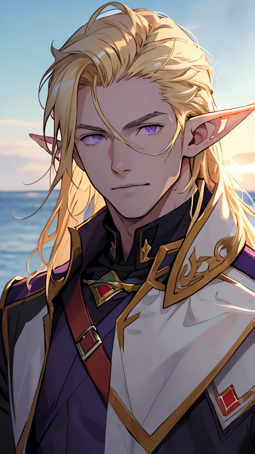 (masterpiece), best quality, high quality, 1 boy, beautiful face, handsome, sunlight, elf ears, pointy ears, handsome, blonde hair, long hair, purple eyes, soldier clothes, upper body, sea background, looking straight, purple eyes,