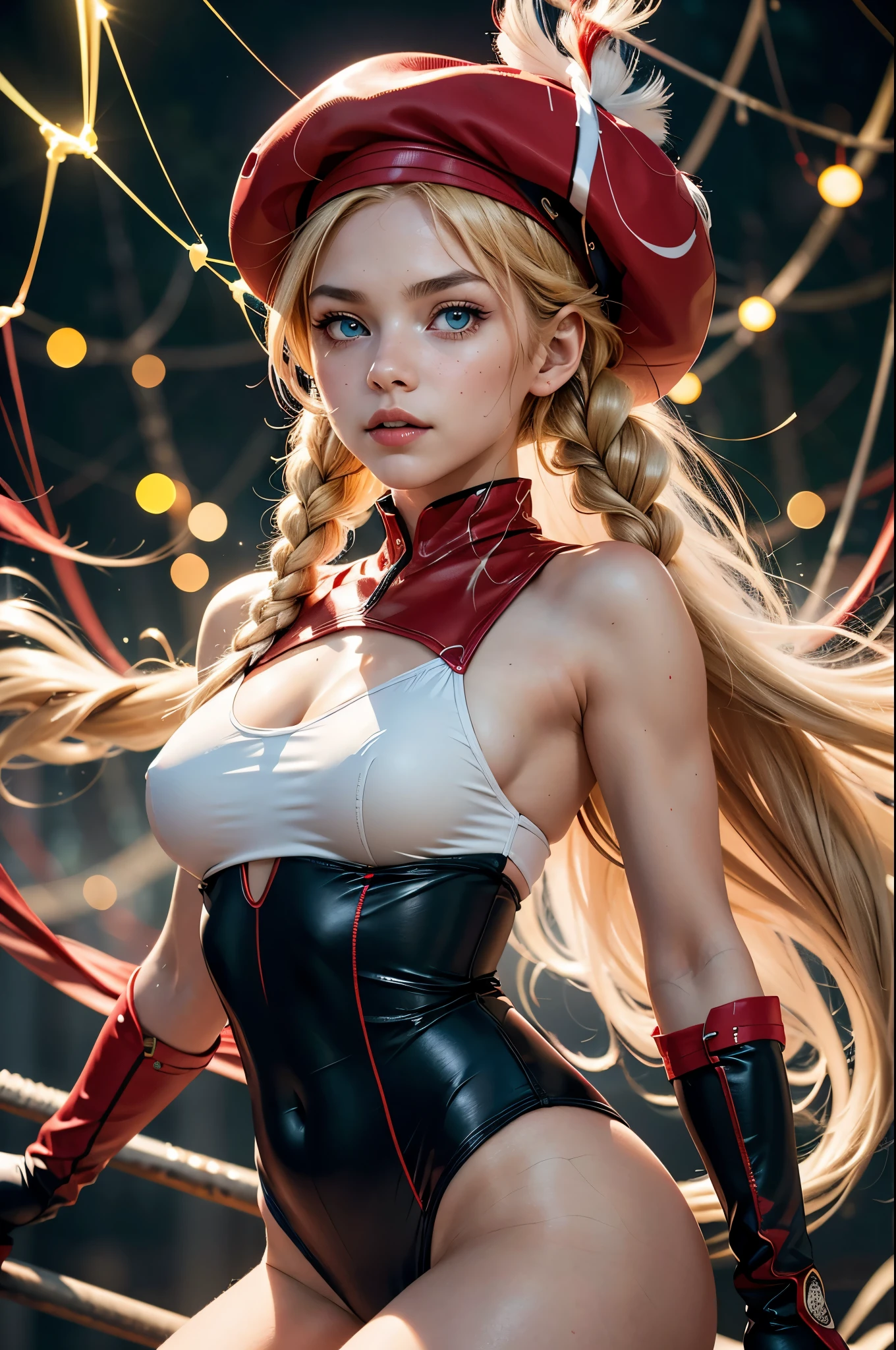 (best quality, masterpiece, colorful, dynamic angle, highest detailed) \Cammy White\, cowboy shot, cowboy shot, fashion photography of cute, intense long hair, blonde hair, twin braids, beret, (red headwear:1.3), blue eyes, green leotard, sleeveless, red gloves, fingerless gloves, camouflage, arms at sides, straight-on, (ultrahigh resolution textures), in dynamic pose, bokeh, glowing web, light passing through hair, (abstract background:1.3), (official art)