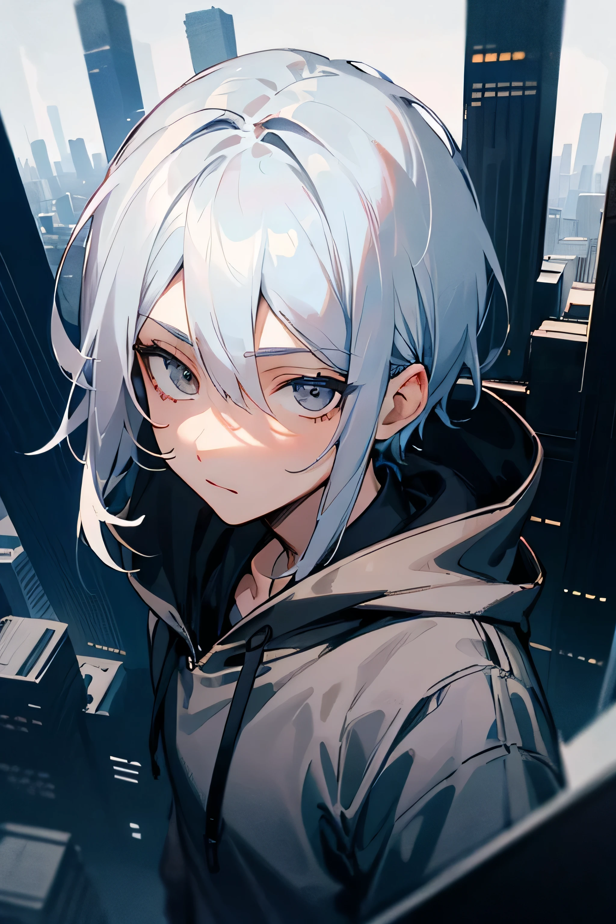 one young boy
perfect face, silver hair, silver eyes, black and white hoody, city, looking at viewer, calm face.