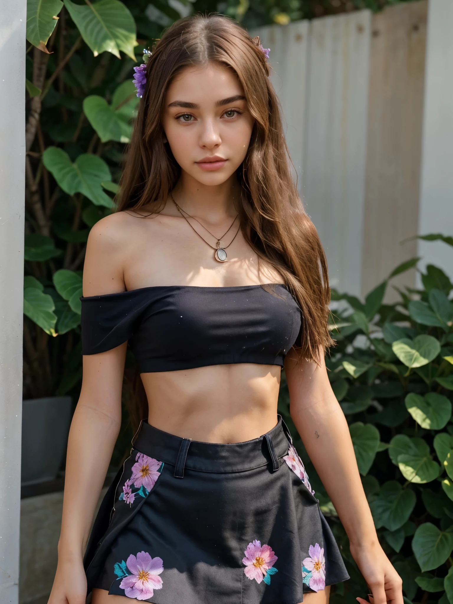 arafed girl with long hair wearing a black shirt and a necklace, soft devil queen madison beer, madison beer, portrait sophie mudd, 18 years old, madison beer girl portrait, violet myers, gorgeous young model, 19-year-old girl, valentina remenar, she is about 1 6 years old, :: madison beer medium thicc bady, New to Fanvue so I’m kinda clueless 😆😅 posting a lot of 'exclusive' stuff tho 🙈🙈 I can’t wait to get to know you so DM me as I’ll always reply when I’m online 😇 I send free pics sometimes if you’re nice to me , Off-the-shoulder strap crop top with a floral mini blue skirt