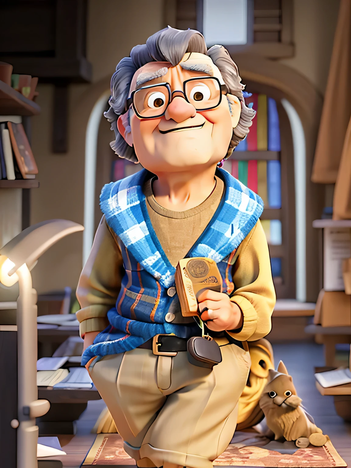 A wise old man standing in front, illuminated by the light of a lamp, tendo como pano de fundo uma biblioteca