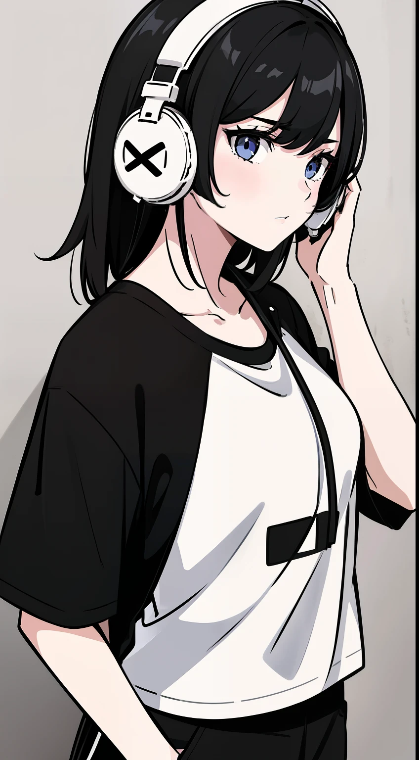 Girl, side portrait, Black and white, Messy short hair, Avant-garde accessories,Sporty style, Casual T-shirt, Confident gaze, monochromatic color scheme, Looks to the side, Chic street fashion, Casual hand in pocket pose,Head,((One guy)),Over-ear headphones, Large earmuffs,Luxurious long hair