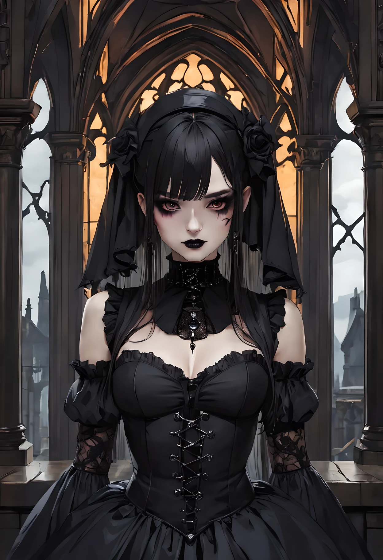 Masterpiece, best quality, gothic aesthetics, 1 girl in gothic costume with heavy black makeup, gothic world, gorgeous,