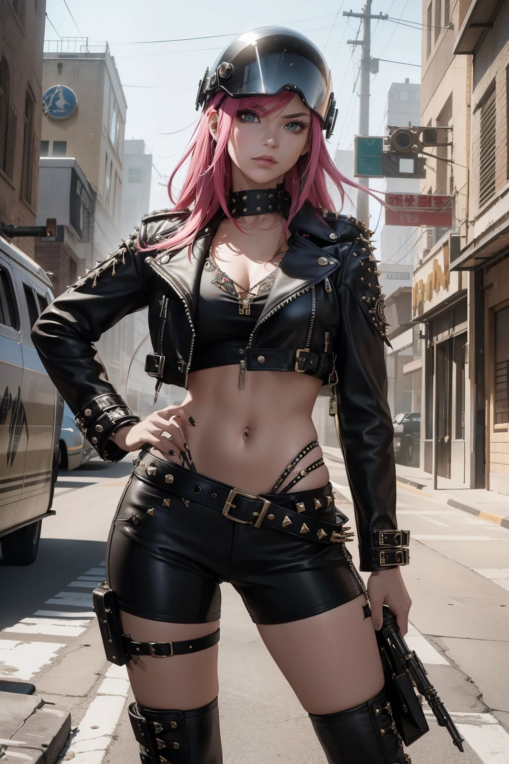 Obra maestra, mejor calidad, 4K resolution,
A young woman with long, radiant hair in varying punk-style colors,
Dressed in the Mad Max style, she wears a leather pilot helmet adorned with intricate decorations,
A torn leather jacket covering her torso, embellished with numerous studs and metal rivets,
Her outfit is completed with punk-inspired pants and combat boots.
She poses dynamically and sensuously, her captivating expression fixed directly on the camera,
Radiating an aura of confidence and defiance.
The backdrop of this masterpiece is nothing short of epic,
Showing a destructive scene