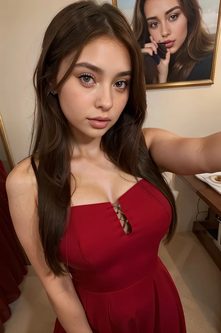 sexy girl with brown eyes, ultra realistic, meticulously detailed, portrait sophie mudd, brown hair and large eyes, selfie of a young woman, dubai eyes, violet myers, without makeup, natural makeup, looking directly at the camera, face with artgram, subtle makeup,stunning full body, curvy.wearing red dress, standing