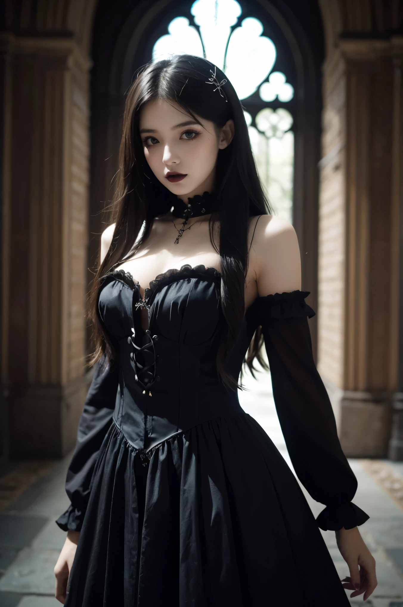 Masterpiece, best quality, gothic aesthetics, 1 girl in gothic costume with heavy black makeup, gothic world, gorgeous,