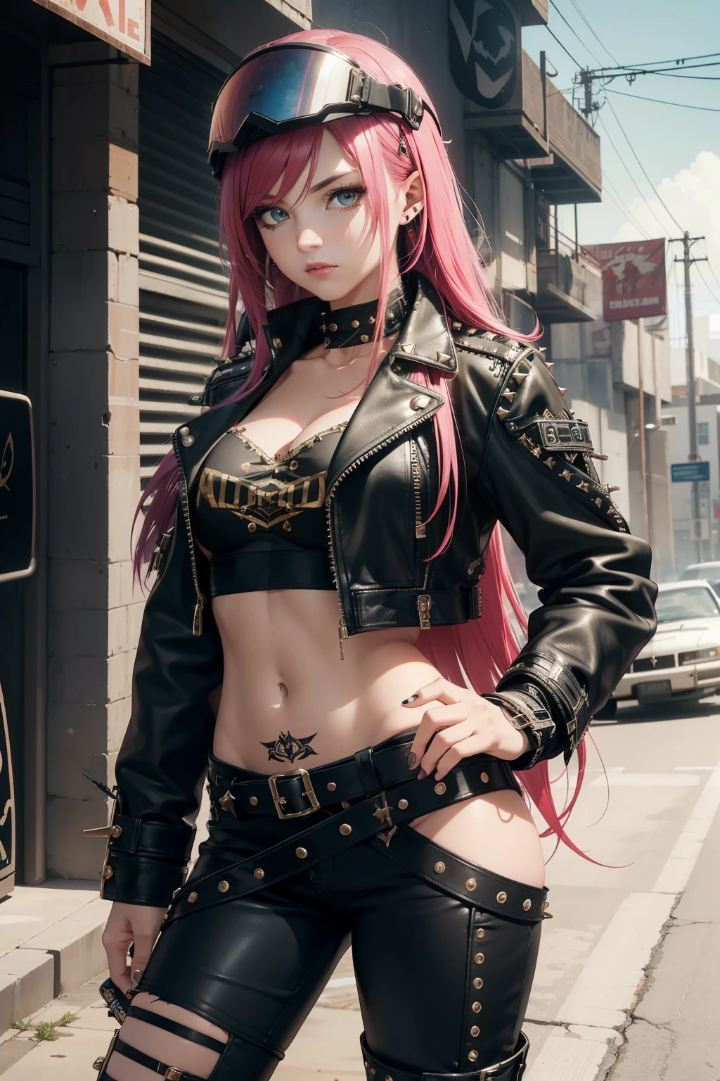 Obra maestra, mejor calidad, 4K resolution,
A young woman with long, radiant hair in varying punk-style colors,
Dressed in the Mad Max style, she wears a leather pilot helmet adorned with intricate decorations,
A torn leather jacket covering her torso, embellished with numerous studs and metal rivets,
Her outfit is completed with punk-inspired pants and combat boots.
She poses dynamically and sensuously, her captivating expression fixed directly on the camera,
Radiating an aura of confidence and defiance.
The backdrop of this masterpiece is nothing short of epic,
Showing a destructive scene