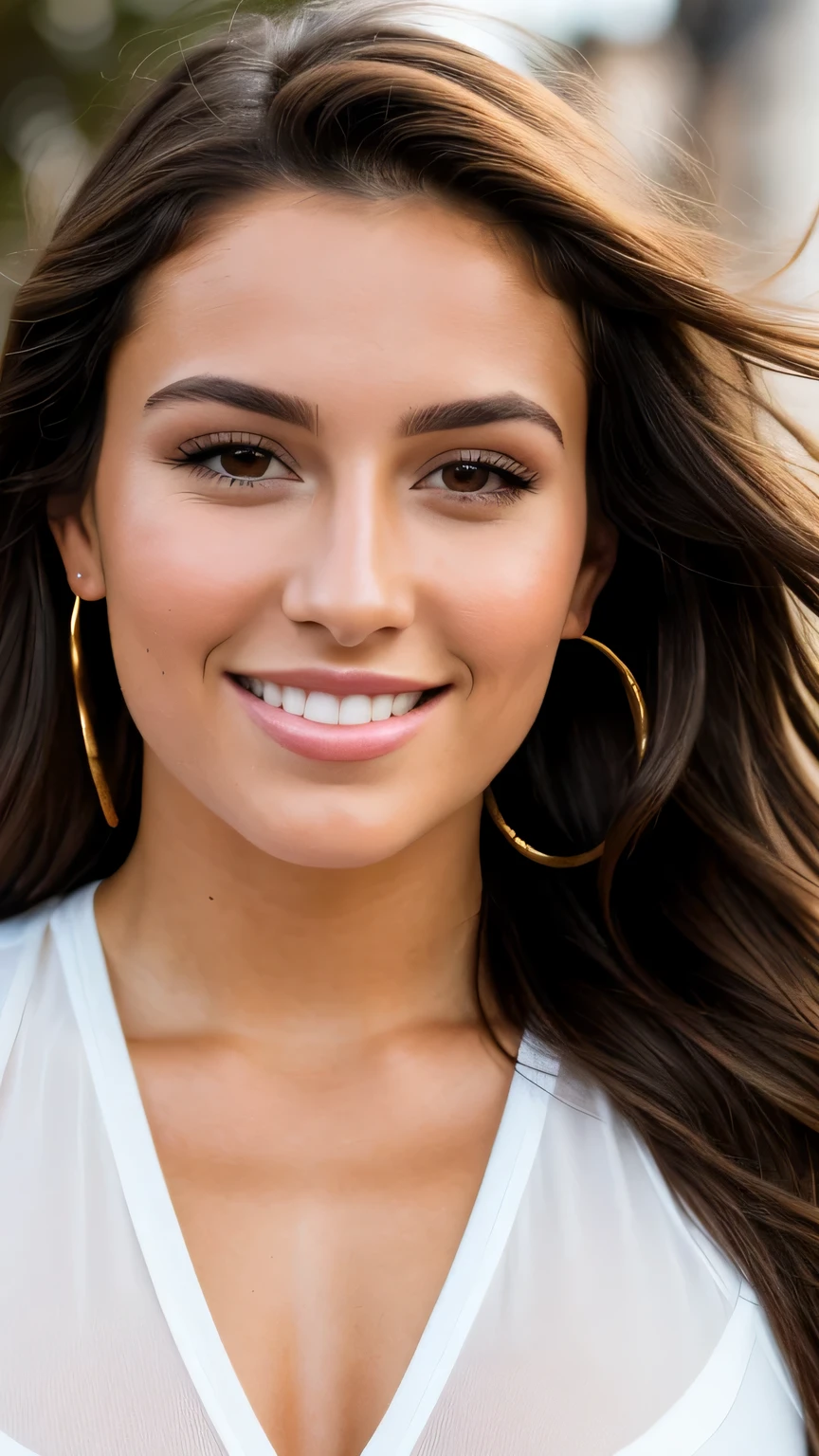 close up portrait of a young 22 year old brunette and influencer with shiny brown hair, physical fitness, buena luz y buenas sombras, Relaxed facial expression