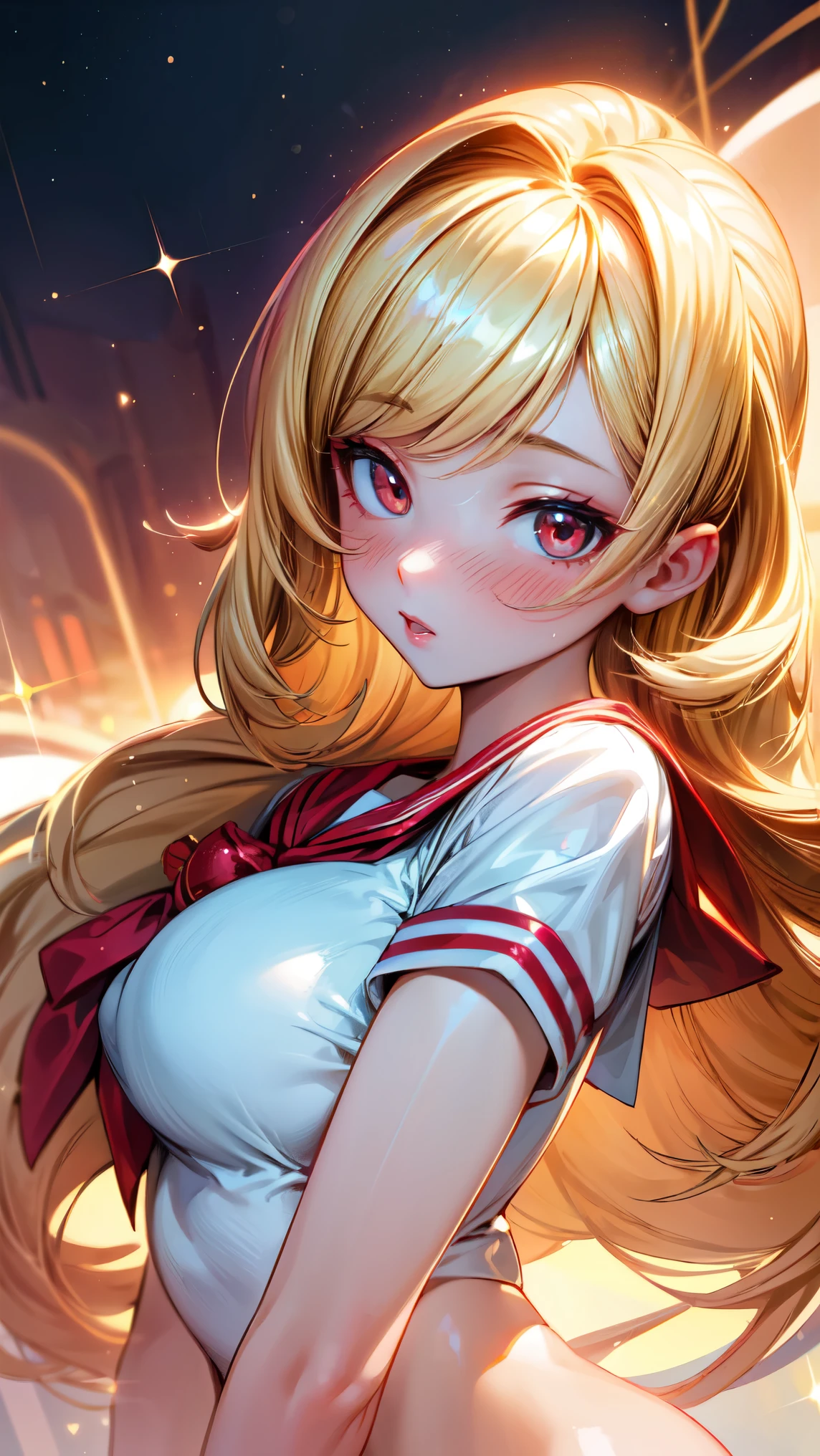 (masterpiece, best quality, ultra high res, beautiful detailed hair detailed face, perfect feminine face), cute anime girl in sailor wearing, blonde straight hair, red eyes, almond-shape eyes, big red lips, flushed, blushed, light particle, sparkling particle