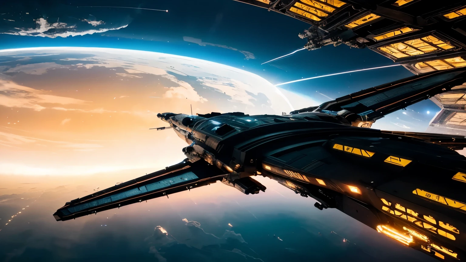 Spaceship heading into modern space station, featuring a cyberpunk aesthetic and wide scale, with cinematic lighting, epic tones, and extreme photorealism is shown