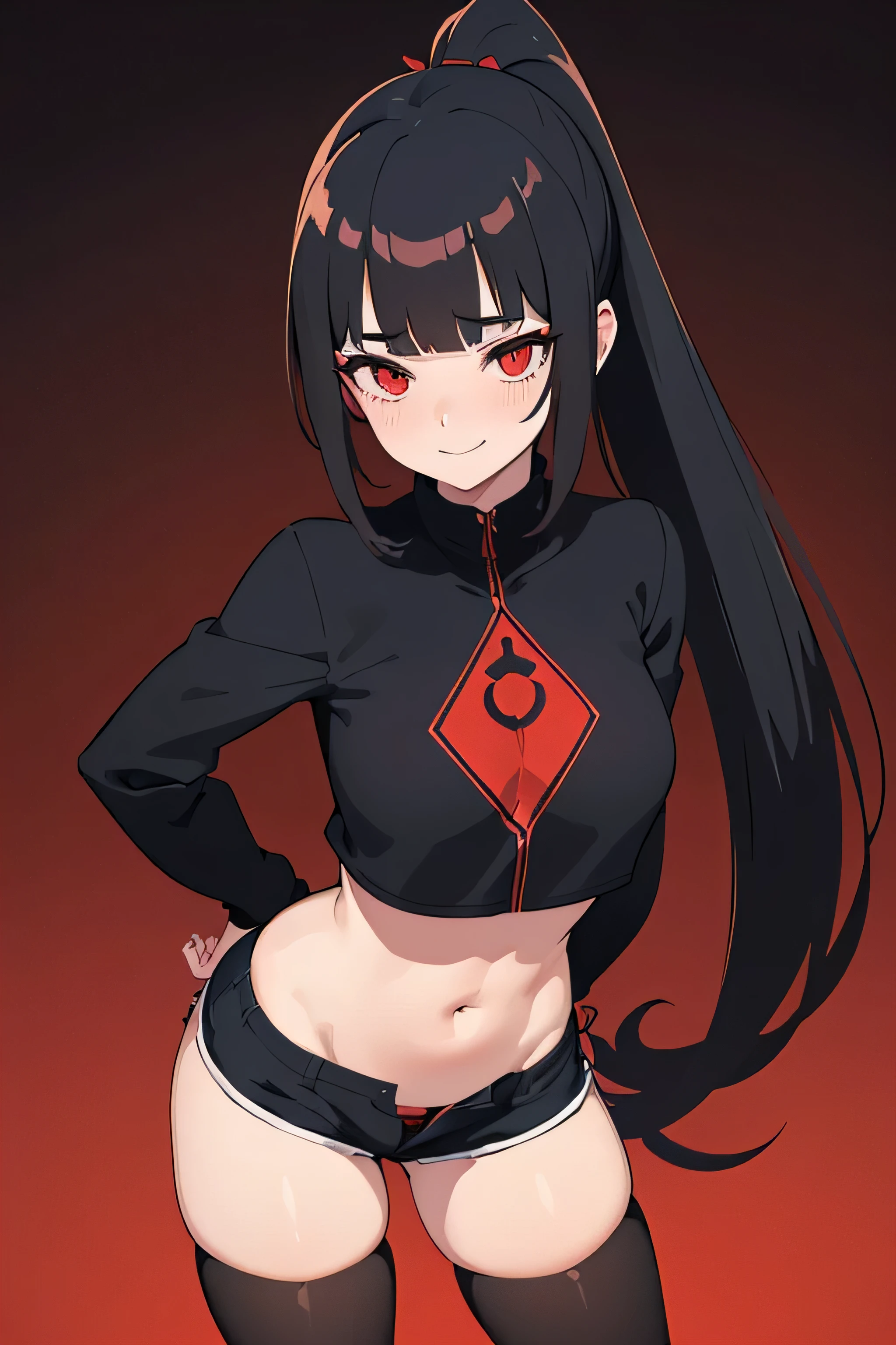 black fluffy hair, red eyes, crop top black hoodie, boy, raunchy, seductive, blushing, 4k Resolution, cat ears, fangs, thigh highs, huge butt, huge thighs, midriff, sweat, slim waist, femboy, ((((male)))), flat chest, bulge