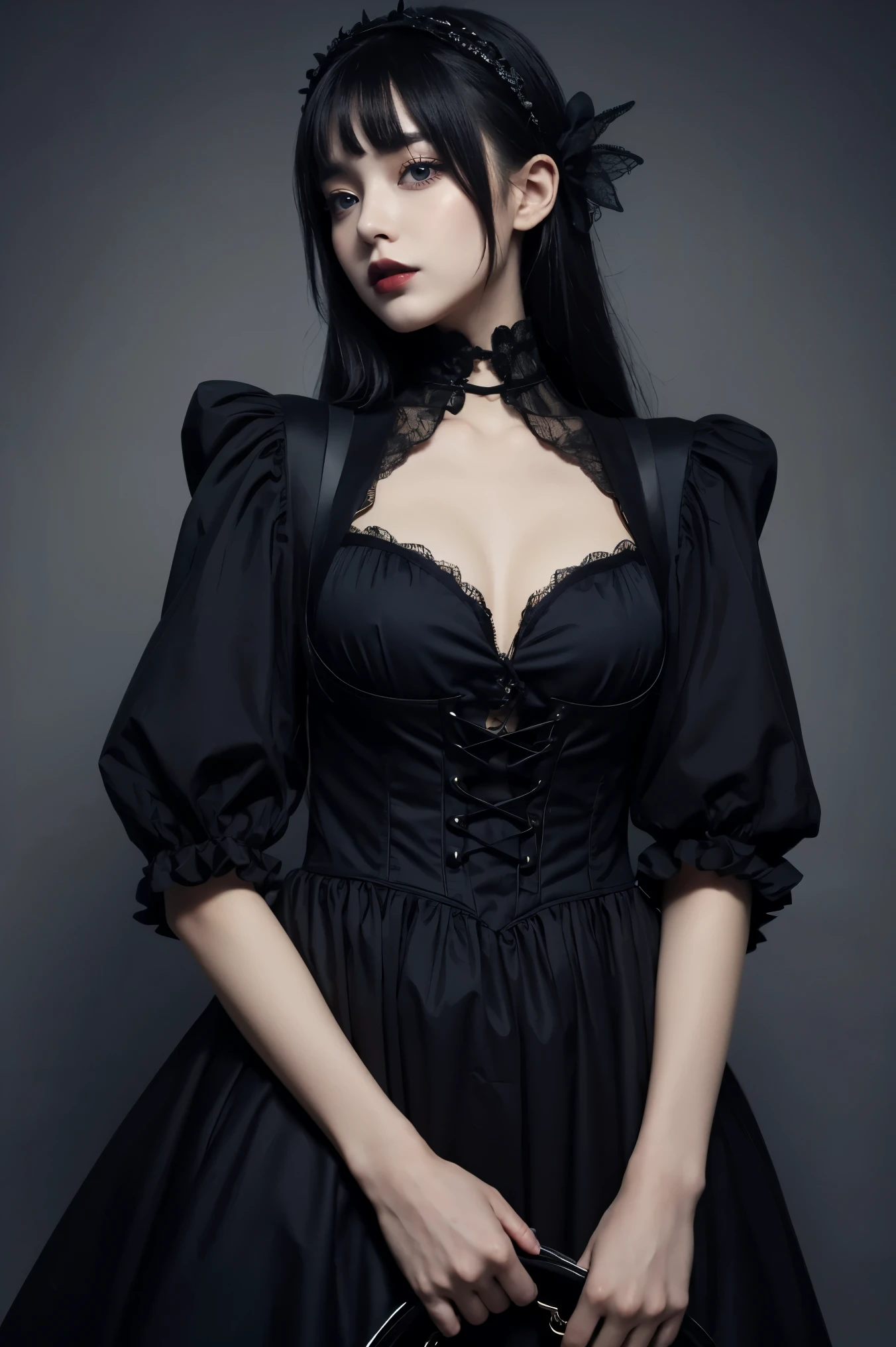 Masterpiece, best quality, gothic aesthetics, 1 girl in gothic costume with heavy black makeup, gothic world, gorgeous,