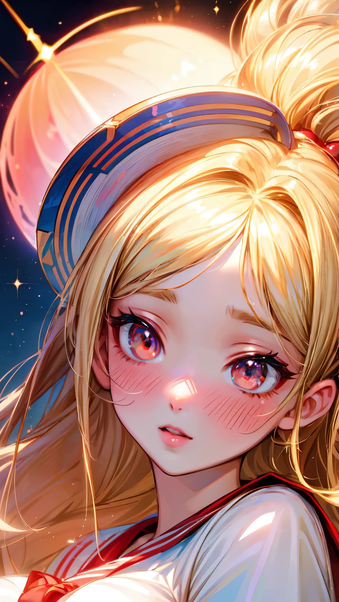 (masterpiece, best quality, ultra high res, beautiful detailed hair detailed face, perfect feminine face), cute anime girl in sailor wearing, blonde straight hair, red eyes, almond-shape eyes, big red lips, flushed, blushed, light particle, sparkling particle