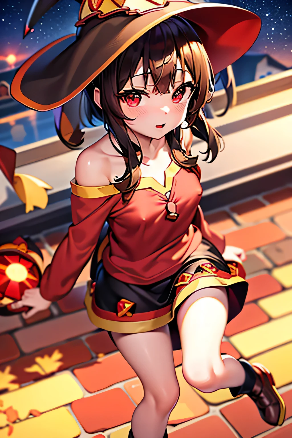 (better quality), [masterpiece], ((beautiful:0.75)  beautiful:0.75), [transparent and clean] pixiv (shape), ((Megumin)), two, walk, night, brown hair, black skirt, red sweater, short hair, red eyes、((sexy))、pointed nipples、