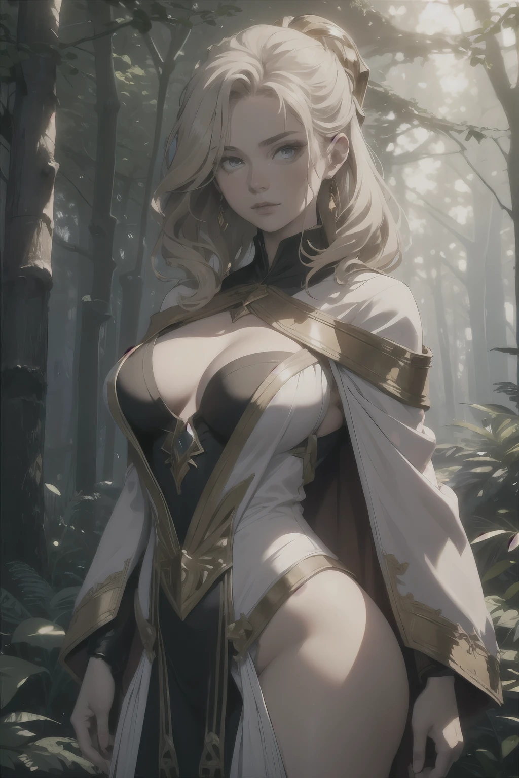 ((Best quality)), ((Masterpiece)), (detailed), perfect face perfect figure, Middle Ages, forest background, Sorceress Woman, woman in a robe, Golden hair, Blue eyes, tight blue robe, medium breasts, Shoulder length golden hair, middle-aged woman
