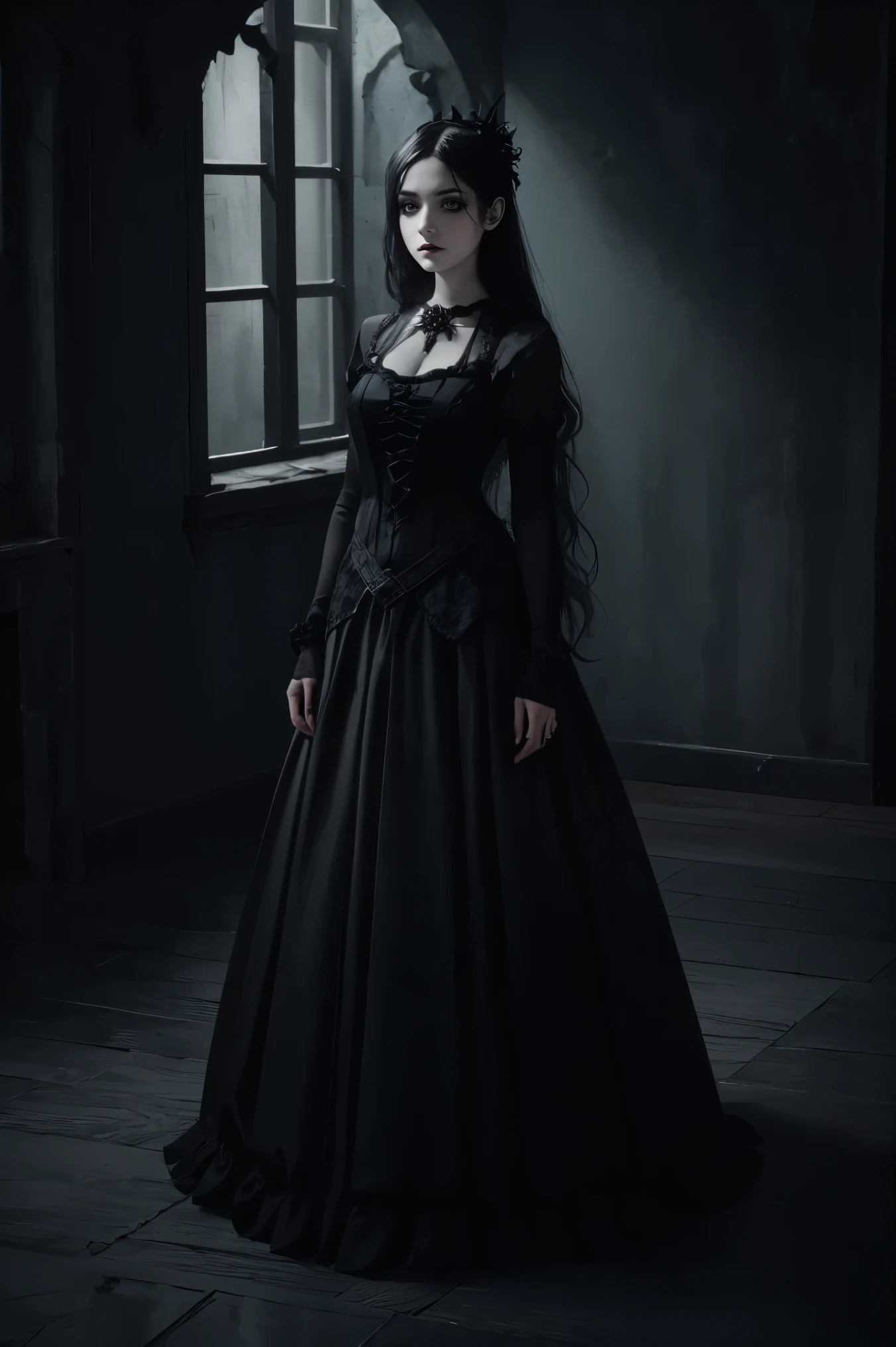 Masterpiece, best quality, gothic aesthetics, 1 girl in gothic costume with heavy black makeup, gothic world, gorgeous,