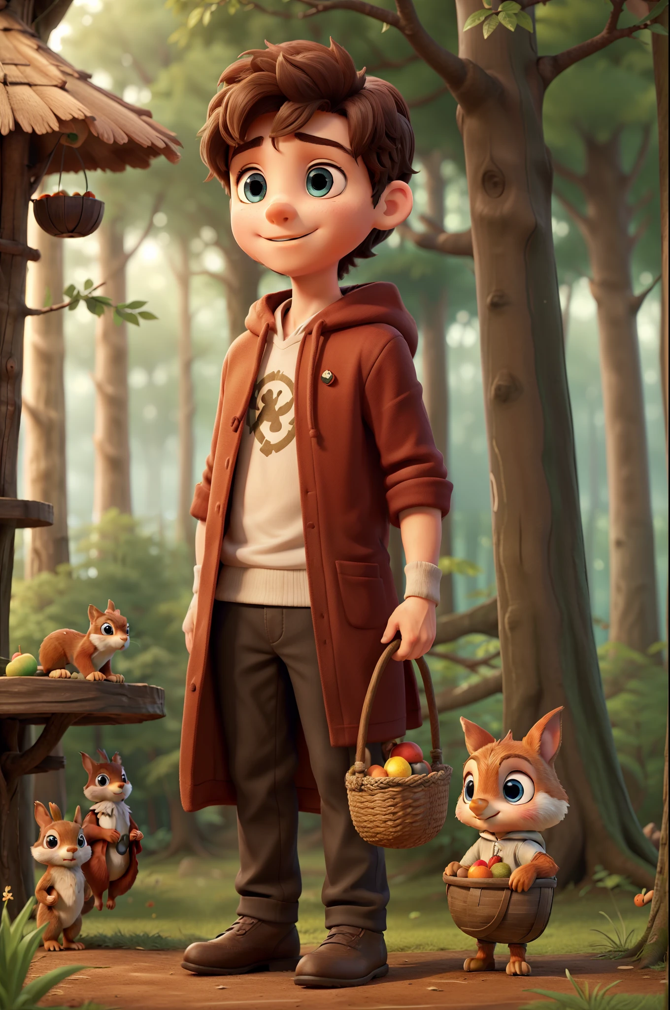 Title: "The Boy Who Speaks with Forest Folk"
Description: In the heart of an enchanted forest, a young boy wearing a red hooded cape and carrying a basket of fruit stands tall and confident, gazing at the gathering animals before him. With a pleasant smile and curious blue eyes, he extends a hand towards a talkative squirrel, who perches on a nearby branch. Surrounding him are various forest creatures, such as rabbits, foxes, owls, and birds, all intrigued by the wondrous boy who can converse with them. In this magical moment, nature cooperates in the creation of a beautiful and captivating masterpiece, ad