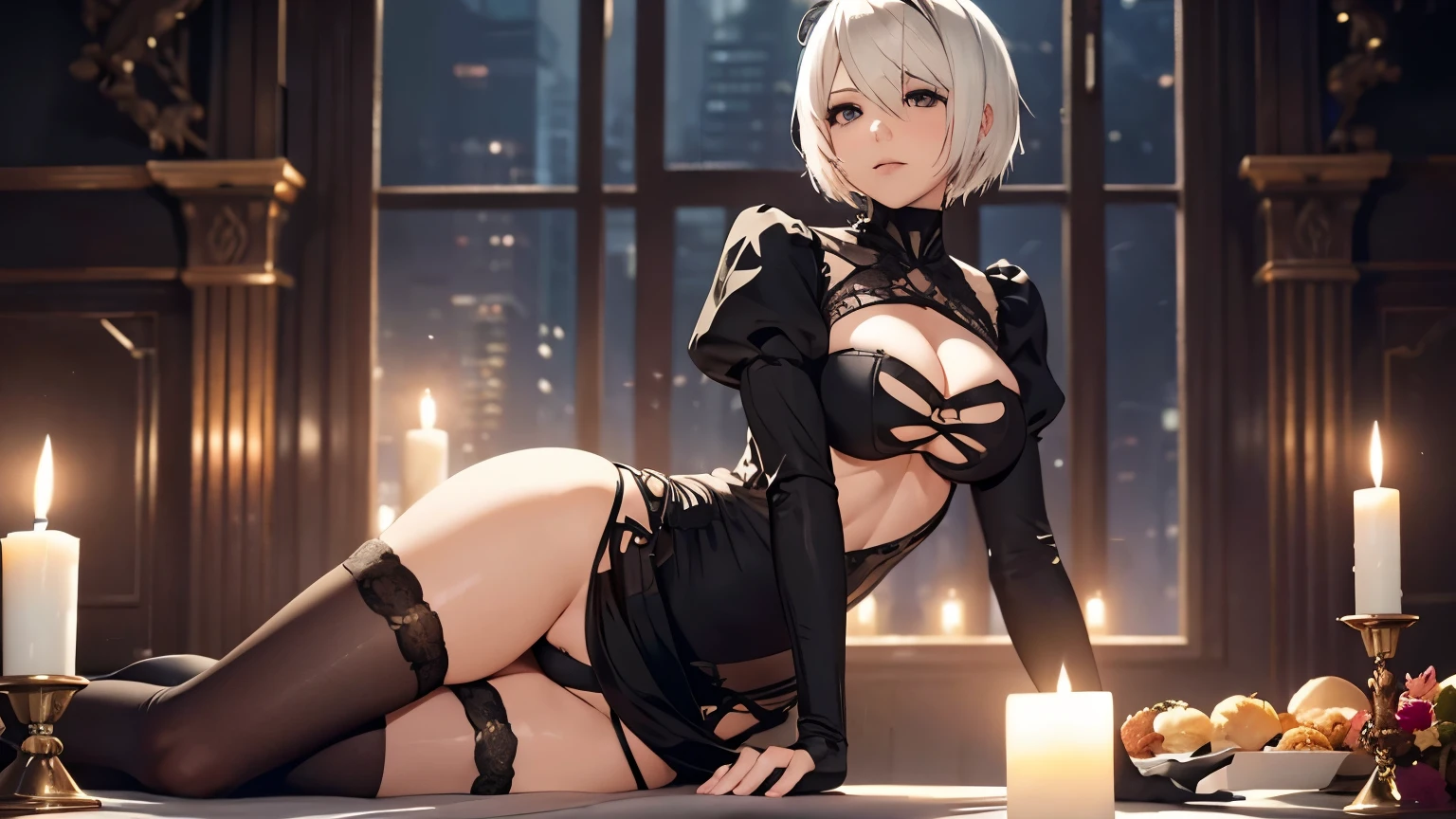 Nier Automata, 2B, Milf, White Hair, Short Hair, Sexy, Submission, Dress, Dark Romantic, Night, Dinner, Candles, High Details, Ultra HD, 4K