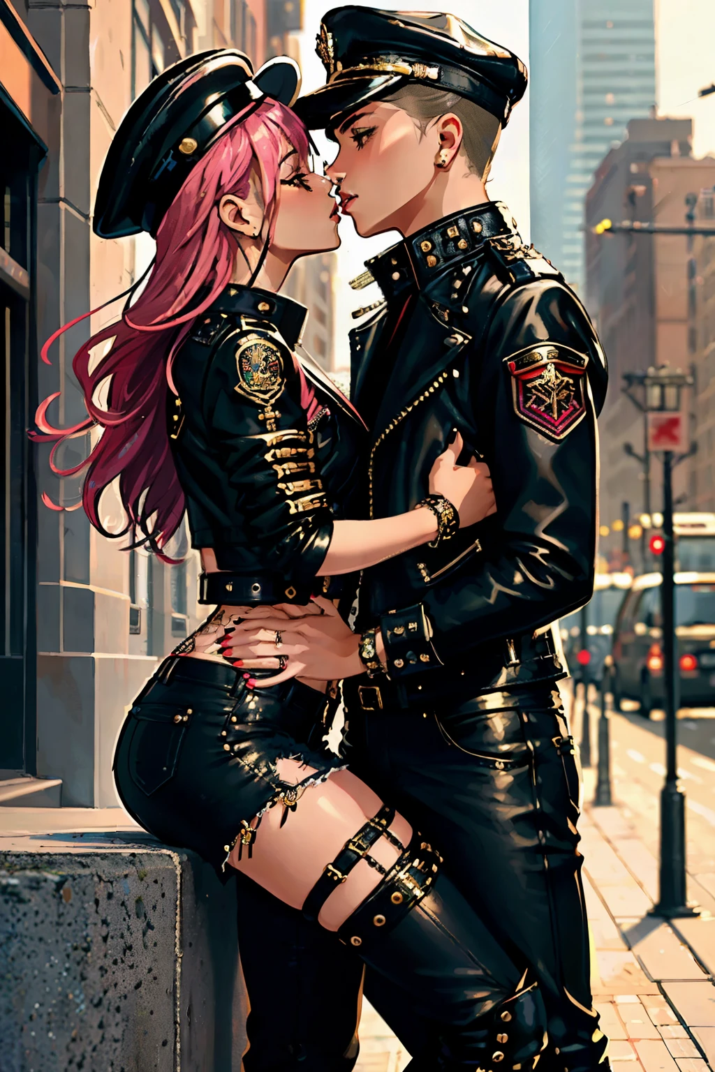 (Masterpiece, Superior quality), An incredibly beautiful young heterosexual couple passionateately kisses face-to-face on the streets. This illustration boasts radiant, flowing hair in various punk-style colors, accented by a leather pilot hat adorned with intricate decorations. Her outfit showcases a leather jacket torn at the seams, adorned with numerous metallic studs and rivets. Her punk-inspired pants and combat boots complete the ensemble. She poses dynamically and seductively, her captivating expression fixed directly on the camera, radiating an aura of confidence and defiance. The backdrop of this masterpiece is nothing short of breathtaking, featuring a
