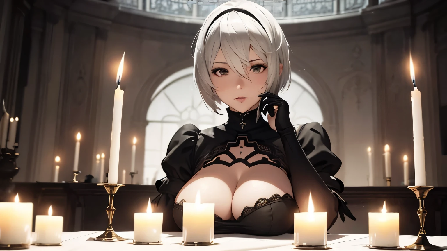 Nier Automata, 2B, Milf, White Hair, Short Hair, Sexy, Submission, Dress, Dark Romantic, Night, Dinner, Candles, High Details, Ultra HD, 4K