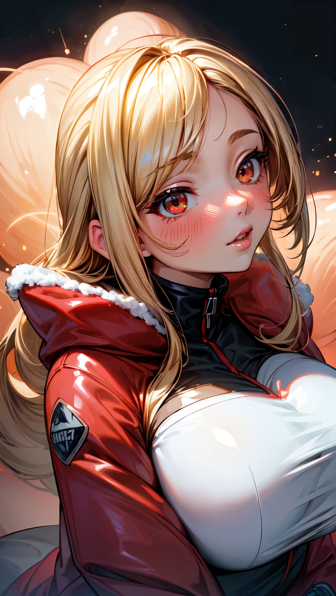 (masterpiece, best quality, ultra high res, beautiful detailed hair detailed face, perfect feminine face), cute anime girl in winter jacket wearing, oversized jacket, blonde straight hair, red eyes, almond-shape eyes, big red lips, flushed, blushed, light particle, sparkling particle