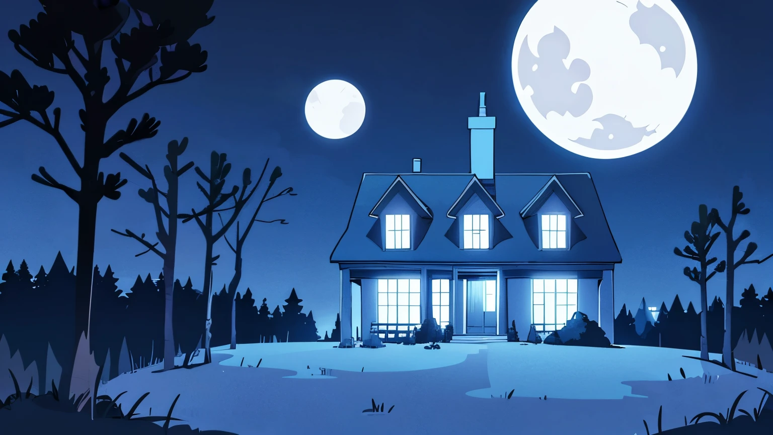 rural environment with a haunted house and a pine tree in the background, the night atmosphere feels horror and eerie, the full moon is shining, vector image, vector style, 2d style, flat color style