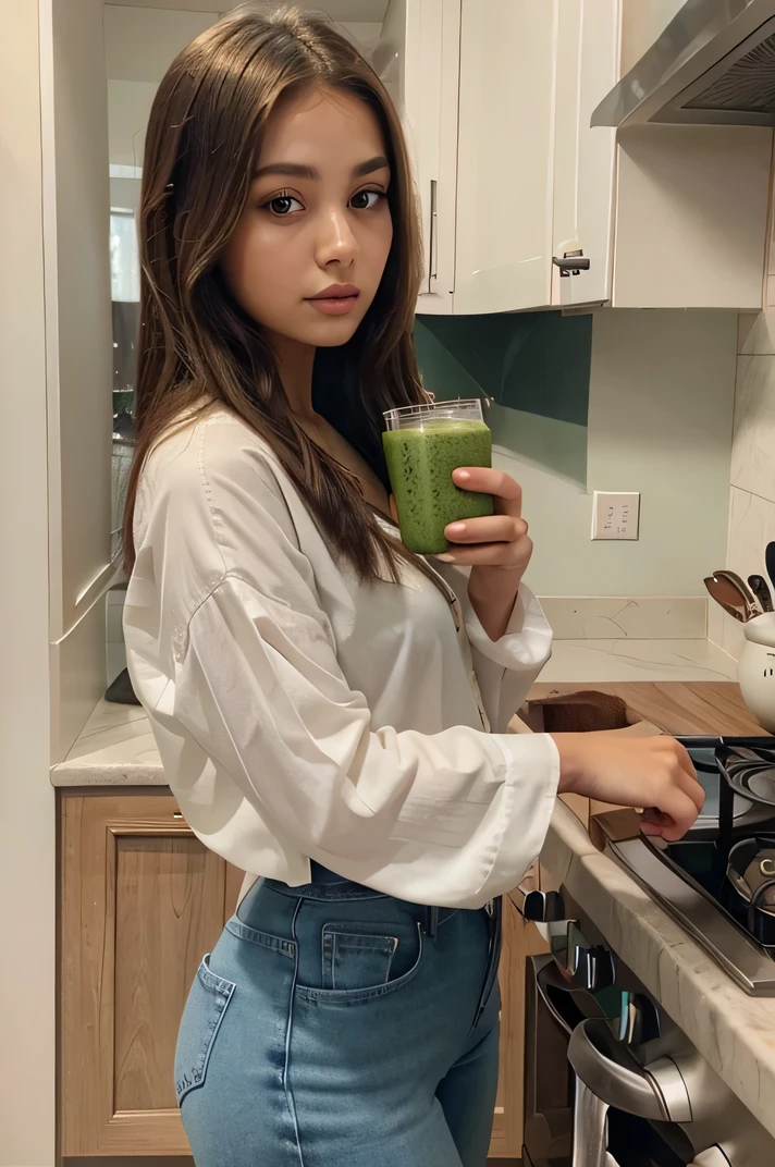saudi girl with brown eyes, ultra realistic, meticulously detailed, portrait sophie mudd, brown hair and large eyes, selfie of a young woman, dubai eyes, violet myers, without makeup, natural makeup, looking directly at the camera, face with artgram, subtle makeup,stunning full body, curvy.wearing white shirt and jeans , standing in a beautiful kitchen, holding a cup of green juice