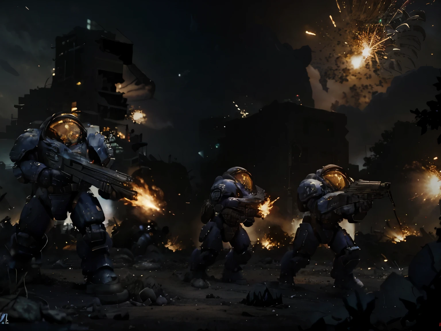 a group of starcraft marines charging across a battlefield while firing at distant zerg, starcraft, marines, powered armor, battlefield, photo realistic, hyper realistic battle, 3d render, masterpiece, 4 marines in standing beside each other firing at zerg in the distance, sunset render, ruins, big men inside the powered armor suits