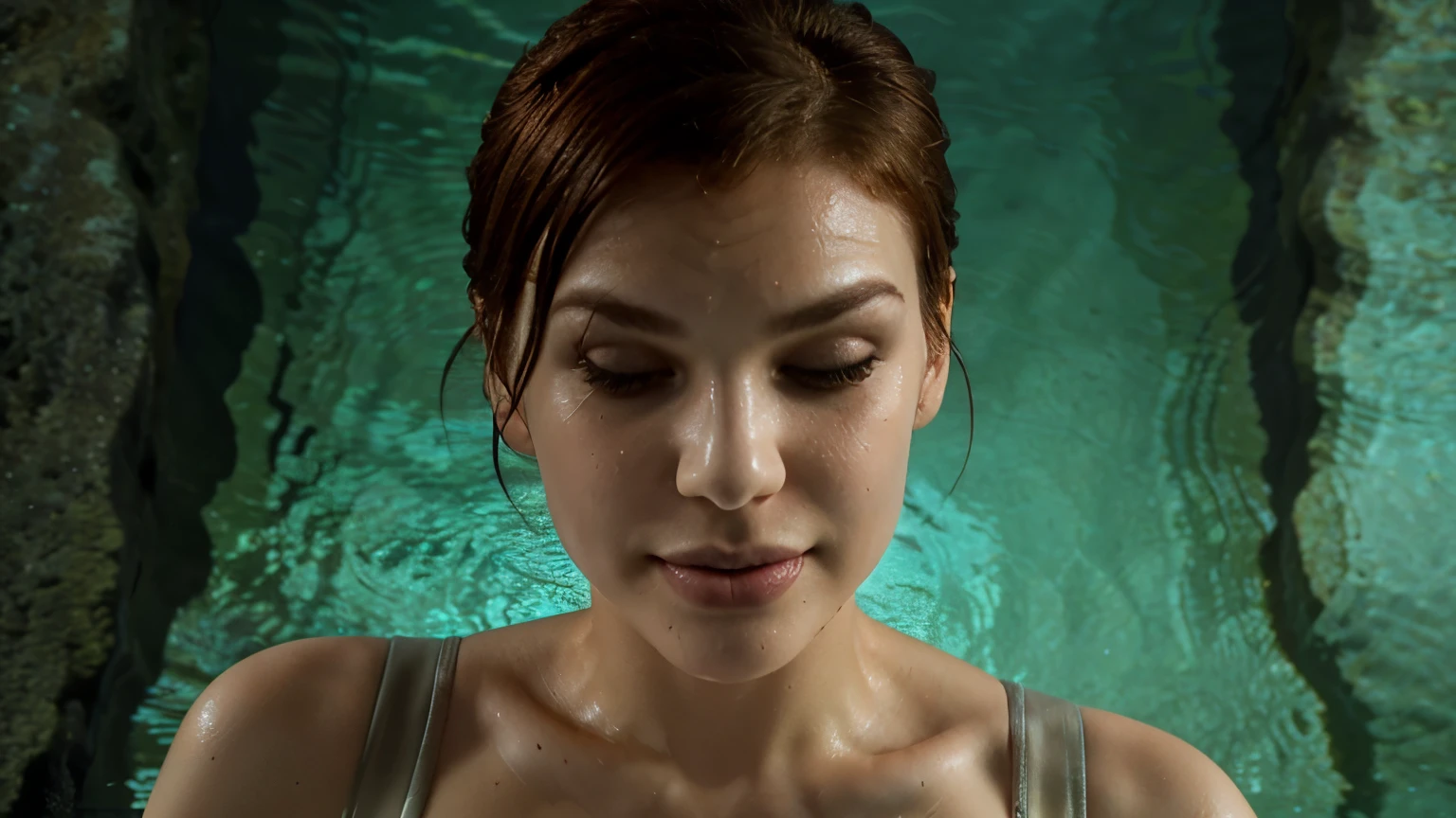 ((ultra quality)), ((tmasterpiece)), Gwen Tennyson, ((Red, extremely short hair, dripping wet)) (Beautiful cute face), (beautiful female lips), Charming, ((aroused expression)), looks at the camera with a gentle smile, eyes are slightly closed, (skin color white), Body glare, wet body, ((detailed beautiful female eyes)), ((dark green eyes)), (juicy female lips), (beautiful female hands), ((perfect female figure)), perfect female body, Beautiful waist, gorgeous big thighs, Beautiful little breasts, ((Subtle and beautiful)), seductively worth it, (closeup face), (dressed in a swimsuit), diving mask, freediving mask on her face, background: underwater cave, ((Depth of field)), ((high quality clear image)), (crisp details), ((higly detailed)), Realistic, Professional Photo Session, ((Clear Focus))