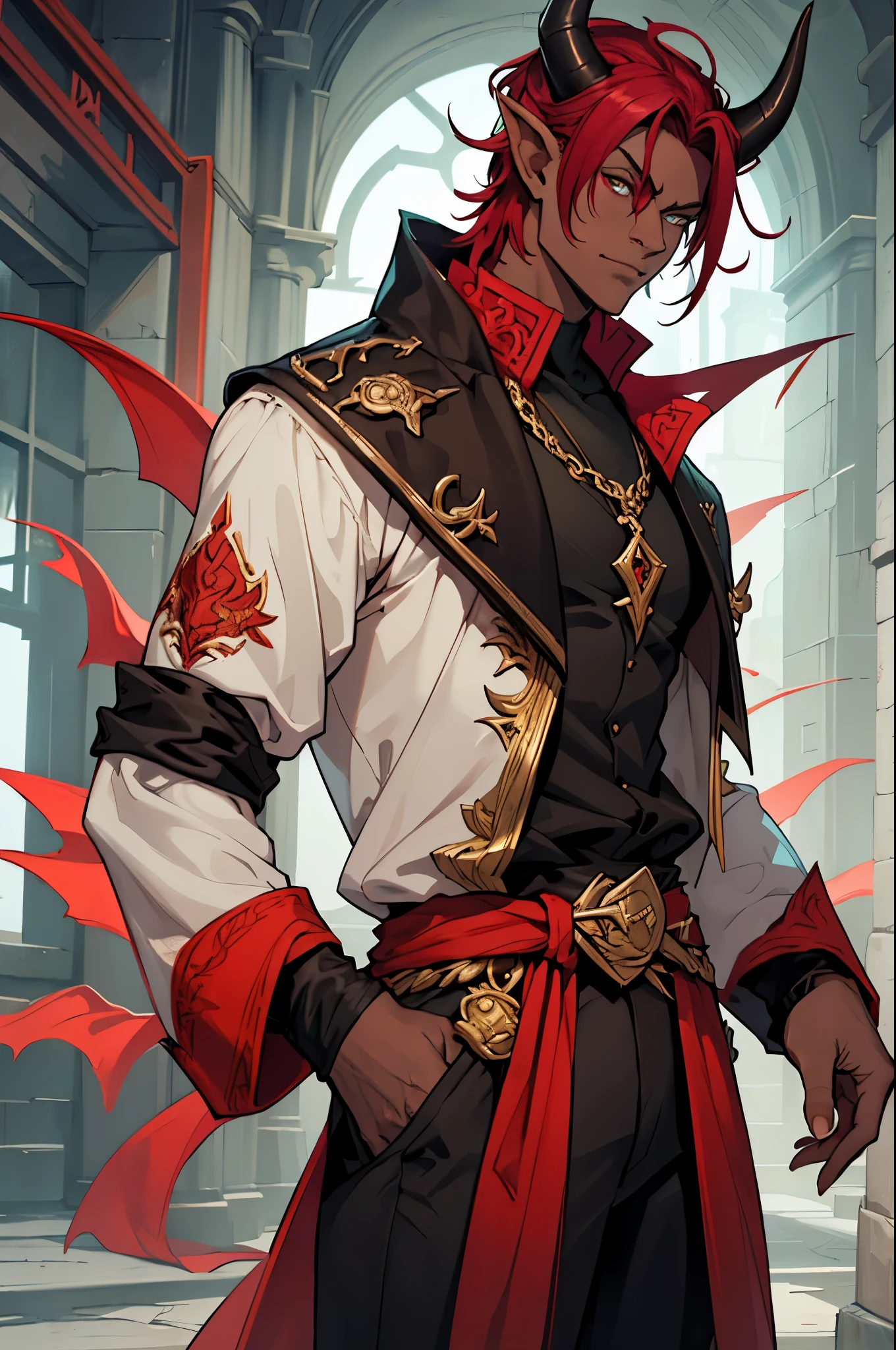 Tieflings in the world of Dungeon and Dragons are a mixture of human and demon, possessing special features. The tiefling&#39;s appearance is described as individual and exotic.. Tiefling bard with red skin and black horns looks impressive. His skin is a rich dark red hue., which stands out against the background of normal human pigmentation. Black tiefling horns, probably, have a graceful curved shape, giving it a mysterious and majestic look. Like a bard, The tiefling is dressed in bright clothes with bright shades of yellow.