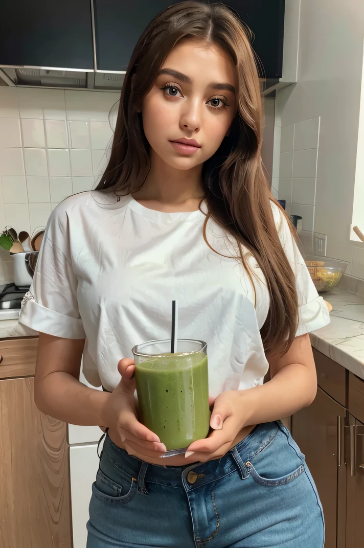 saudi looking girl with brown eyes, ultra realistic, meticulously detailed, portrait sophie mudd, brown hair and large eyes, selfie of a young woman, dubai eyes, violet myers, without makeup, natural makeup, looking directly at the camera, face with artgram, subtle makeup,stunning full body, curvy.wearing white shirt and jeans , standing in a beautiful kitchen, holding a cup of green juice