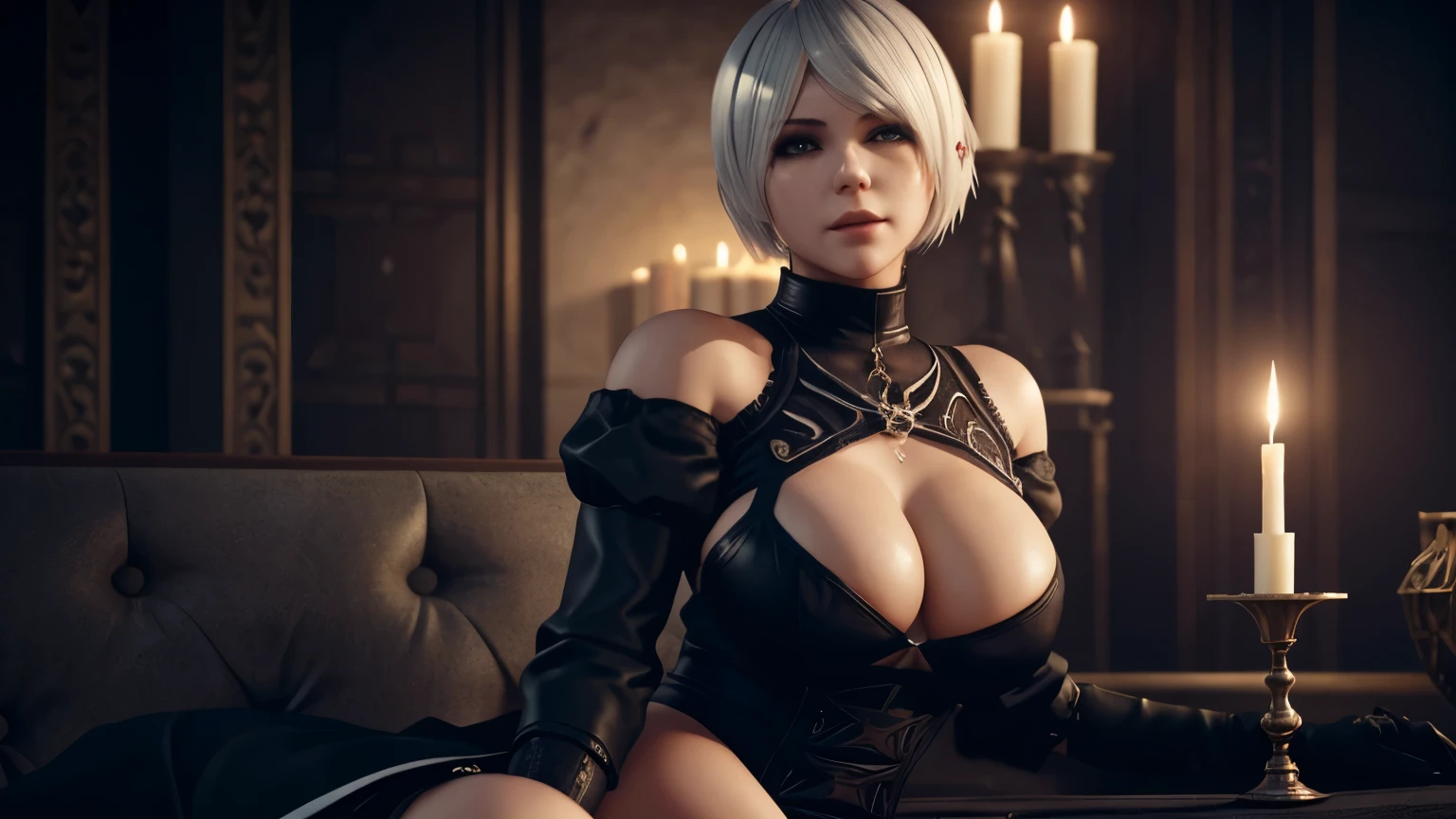 Nier Automata, 2B, , White Hair, Short Hair, Sexyubmission, Dress, Dark Romantic, Night, Dinner, Candles, High Details, Ultra HD, 4K