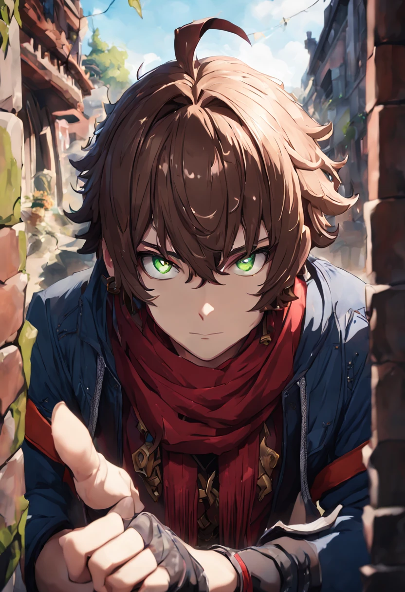 dragoncallum, callum, , short brown hair, ahoge, (green eyes:1.5), BREAK cape, blue jacket, red scarf, maroon shirt with gold details, fingerless gloves, BREAK looking at viewer, BREAK outdoors, BREAK (masterpiece:1.2), best quality, high resolution, unity 8k wallpaper, (illustration:0.8), (beautiful detailed eyes:1.6), extremely detailed face, perfect lighting, extremely detailed CG, (perfect hands, perfect anatomy),