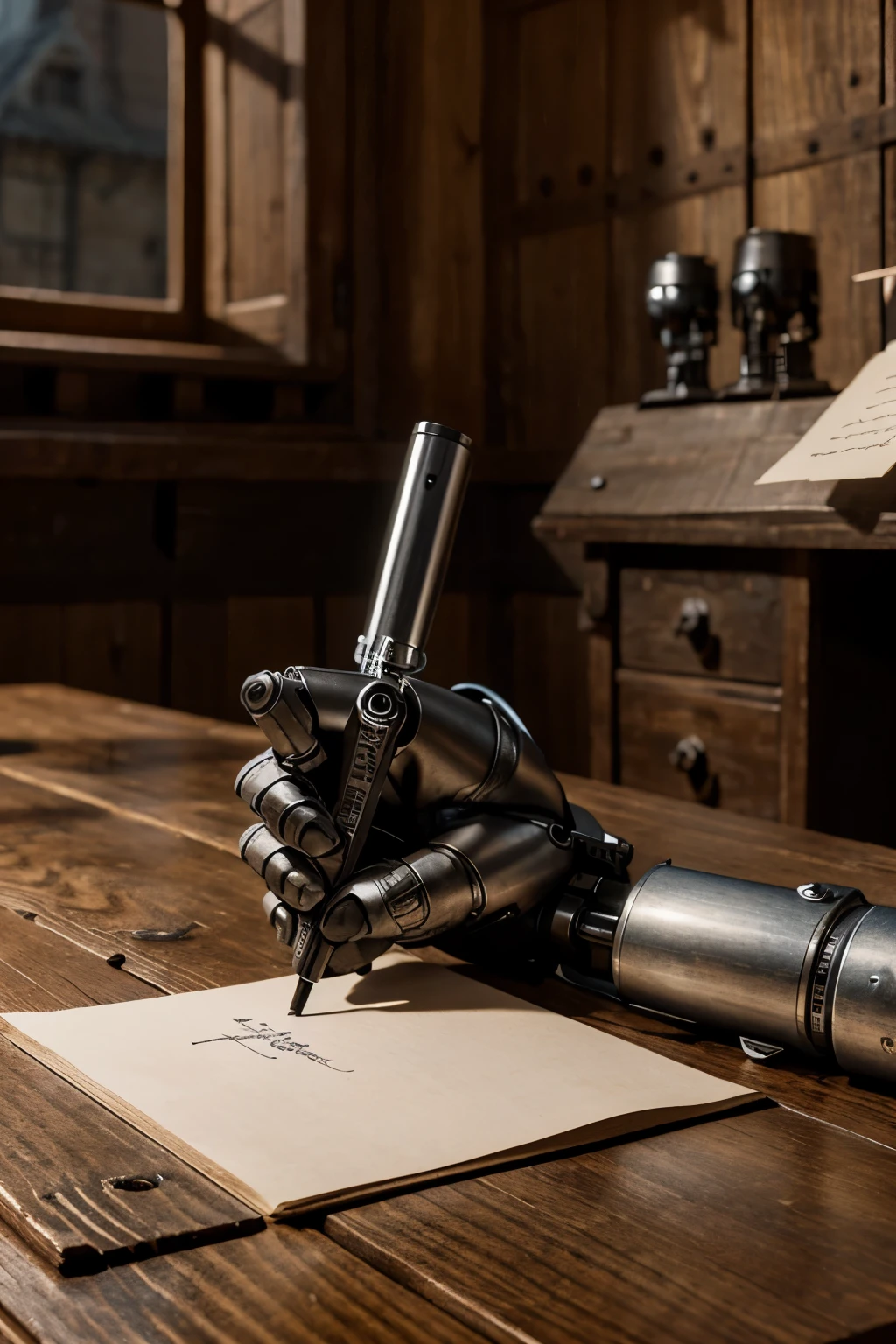 robotic hand writing on paper on medieval wooden table, from the writer's point of view