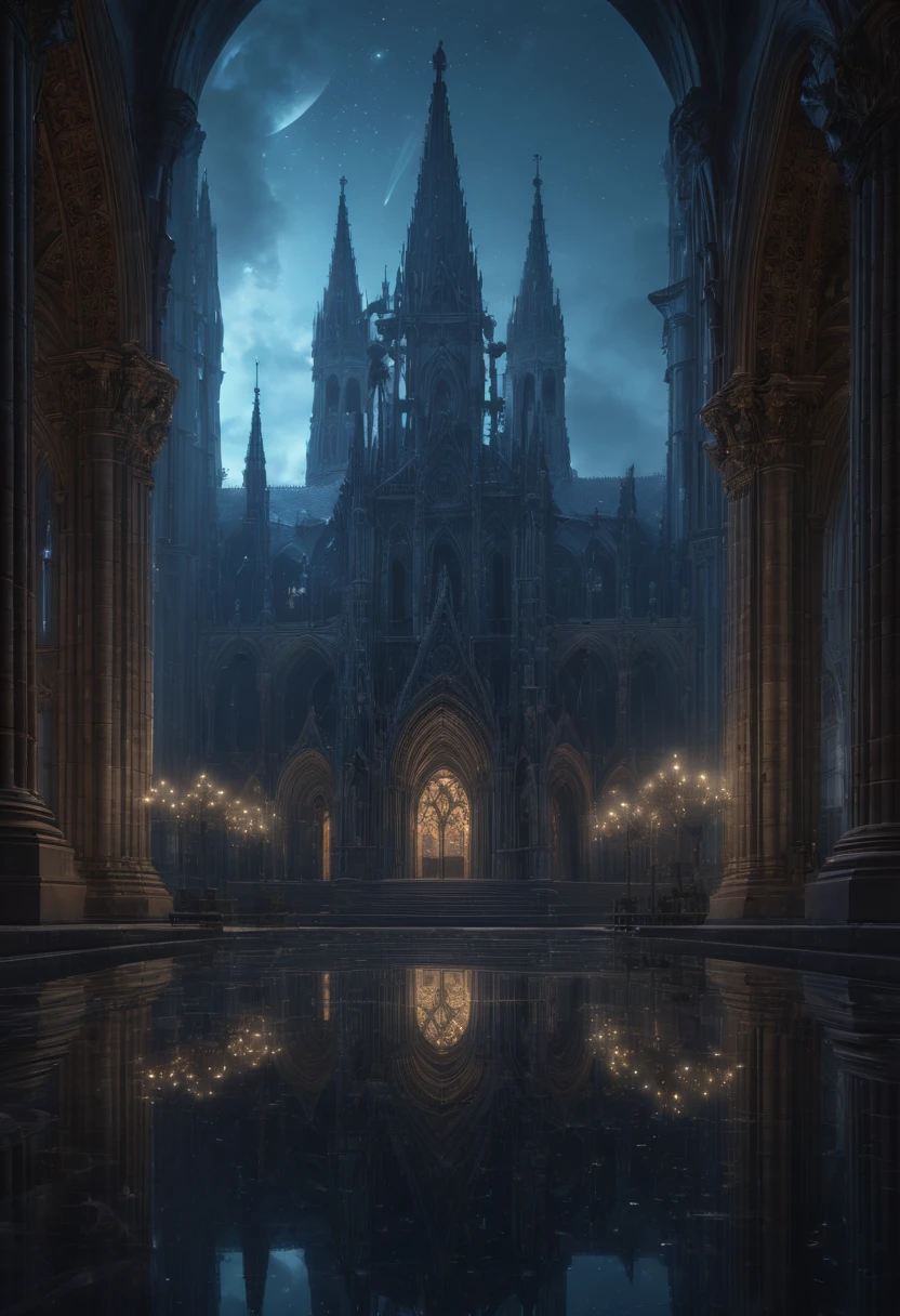 1girl, gothic aesthetic, insanely_detailed view of a holy divine gothic_cathedral full_of gargoils; intricate night_scene, detailed medieval fantasy background, hyperdetailed; by Kim Keever Antoine Collignon Wadim Kashin Tim Burton Peter Mohrbacher, realism; incredible composition; dynamic lighting; meticulously composed concept art, indigo, fascinating stars, masterpiece, mystic fog, digital illustration, Reflections, cell-shaded, Volumetric lighting
