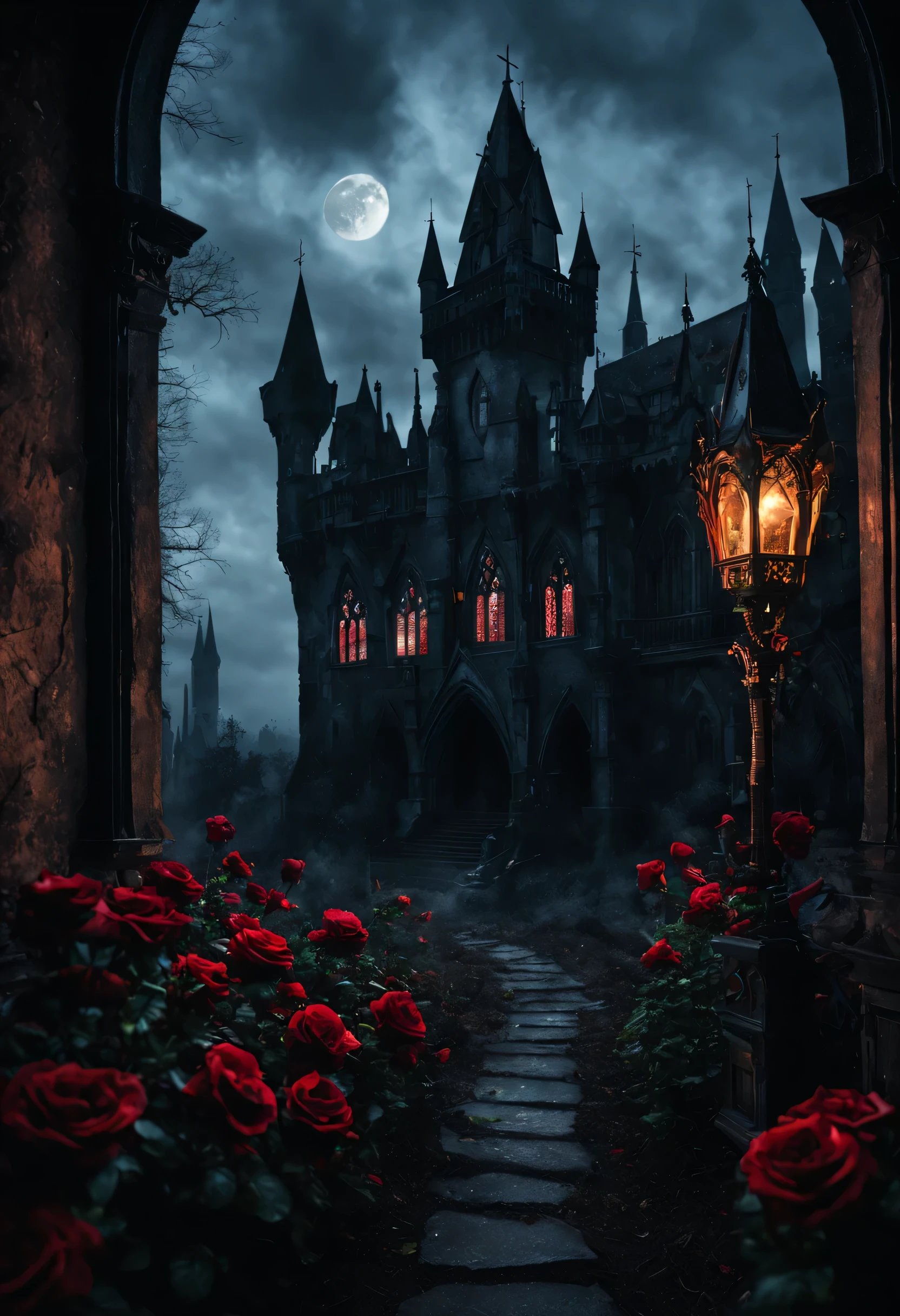 Stable diffusion prompt: Gothic aesthetics, gothic style, House design, dark, bat, Rose, isolated castle, crow, cross, Blood, black cat, (best quality, 4k, 8k, high resolution, masterpiece:1.2), Super detailed, (actual, photoactual, photo-actual:1.37), high dynamic range, ultra high definition, studio lighting, extremely detailed description, professional, bright colors, Bokeh, portrait, architecture, The atmosphere is gloomy, gloomy sky, foggy landscape, stained glass windows, creepy ambiance, dramatic shadows, weird beauty, an unforgettable presence, ancient tapestry, sinister landscape, unforgettably beautiful, mysterious aura, Moonlight night, Twisted elegance, captivating darkness, intricate architecture, Gothic arches, ghostly figure, Unforgettably romantic, Goethe Revival, medieval charm, ethereal atmosphere, horror element, sinister beauty, gothic fashion, dark fantasy, elements of decay, surreal imagery, romantic melancholy.