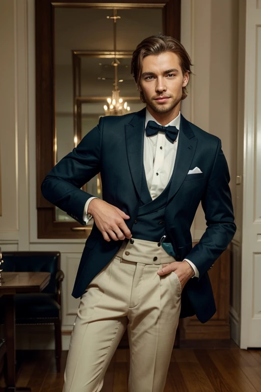 Create an image of a handsome man with chestnut hair and green eyes, of European nationality, in a style that blends realism with a touch of elegance. The man is depicted standing in a pose that exudes confidence and poise, with his legs slightly apart and his hands in his pockets. He wears a tailored navy blue suit with a crisp white shirt and a slim black tie, giving him a sharp and sophisticated look. His chestnut hair is styled perfectly, with a slight wave that adds texture and depth to his locks. His green eyes sparkle with warmth and intelligence, and his smile is friendly and inviting. The background is a subtle gradient of blue and purple hues, with a hint of city lights in the distance. The overall mood is one of refined sophistication and understated elegance.