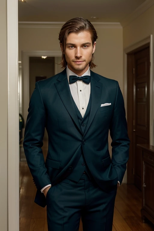 Create an image of a handsome man with chestnut hair and green eyes, of European nationality, in a style that blends realism with a touch of elegance. The man is depicted standing in a pose that exudes confidence and poise, with his legs slightly apart and his hands in his pockets. He wears a tailored navy blue suit with a crisp white shirt and a slim black tie, giving him a sharp and sophisticated look. His chestnut hair is styled perfectly, with a slight wave that adds texture and depth to his locks. His green eyes sparkle with warmth and intelligence, and his smile is friendly and inviting. The background is a subtle gradient of blue and purple hues, with a hint of city lights in the distance. The overall mood is one of refined sophistication and understated elegance.