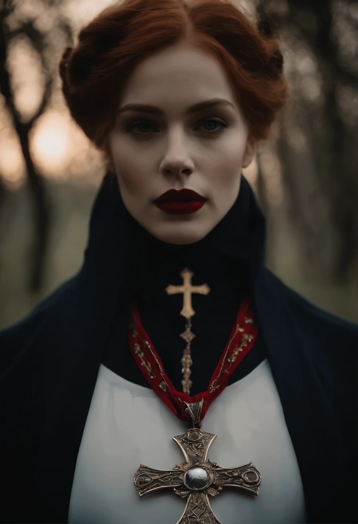 "(best quality, highres), dark clothing, silver jewelry, black hair, red hair or light golden hair, pale skin, black lipstick and eyeshadow, cross medal, pentagram, crucifix, cloak, shawl"