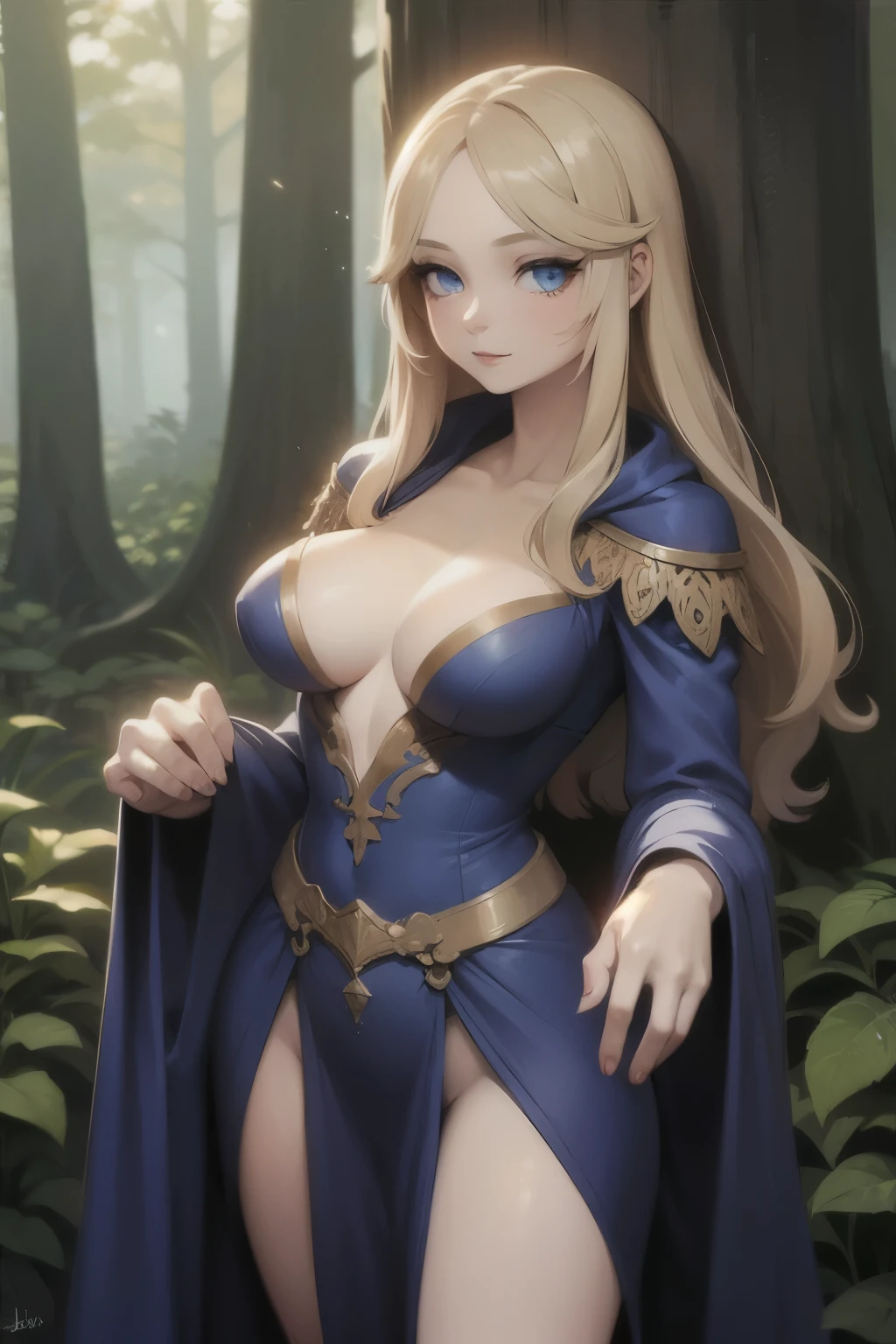 ((Best quality)), ((Masterpiece)), (detailed), perfect face perfect figure, Middle Ages, forest background, Sorceress Woman, woman in a robe, Golden hair, Blue eyes, tight blue robe, medium breasts, Shoulder length golden hair, middle-aged woman
