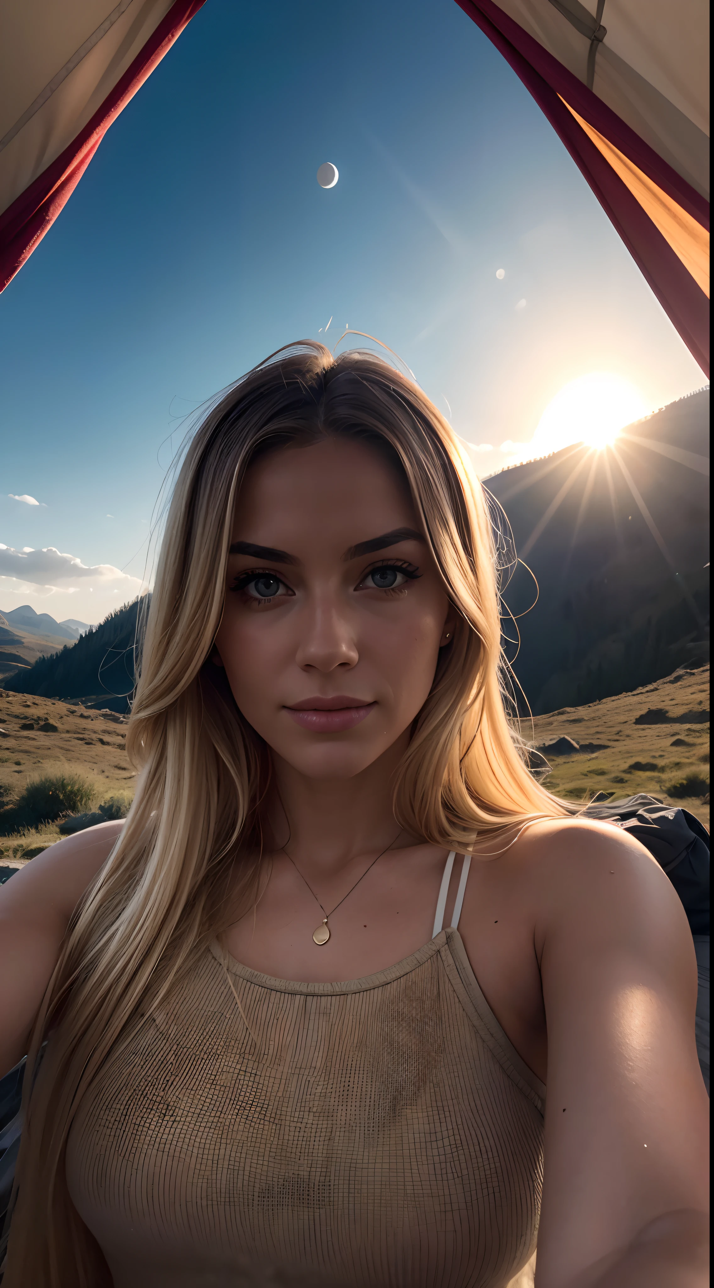 1 mulher, americano, lindo, ((selfie da parte superior do corpo, feliz)), Fotografando em uma barraca, Linda luz de fundo, Sinal aberto da barraca,obra de arte, melhor qualidade, ultra-detalhado, Sozinho, exteriores, (a noite), montanhas, natureza, (sao, A lua) alegre, feliz,, Aconchegante em um saco de dormir, Dentro da barraca, When you open the tent, You might see some good riders out there.., Madeiras, rock formations, rios, Madeira, smoke, sombrio, Contraste, clear sky, analog style (olhando para o espectador:1.2) (textura da pele) (film grain:1.3), (tom quente, tom quente:1.2), fechar-se, cinematic light, side lighting, Os ultra-altos, Melhores sombras, ....CRU, metade superior do corpo, wearing pullover, Relaxed and intimate photos, com longos cabelos loiros,