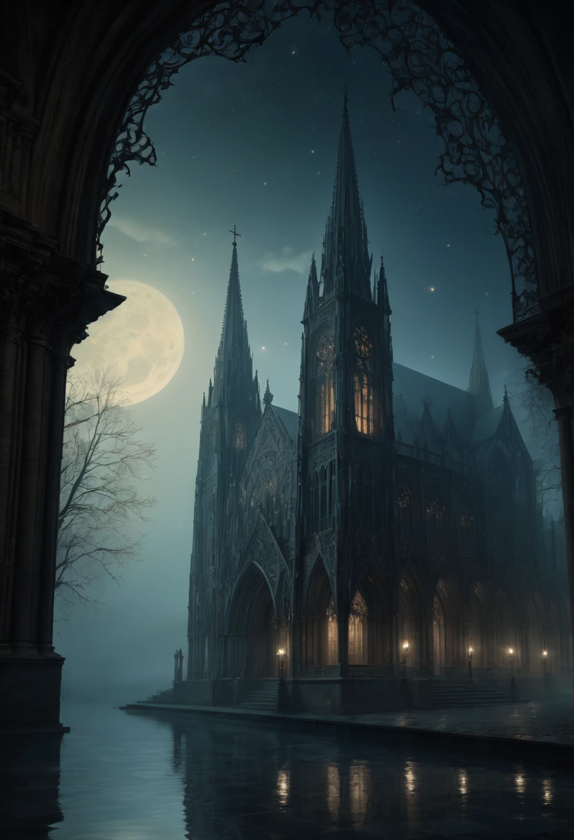 1girl, gothic aesthetic, insanely_detailed view of a holy divine gothic_cathedral full_of gargoils; intricate night_scene, detailed medieval fantasy background, hyperdetailed; by Kim Keever Antoine Collignon Wadim Kashin Tim Burton Peter Mohrbacher, realism; incredible composition; dynamic lighting; meticulously composed concept art, indigo, fascinating stars, masterpiece, mystic fog, digital illustration, Reflections, cell-shaded, Volumetric lighting