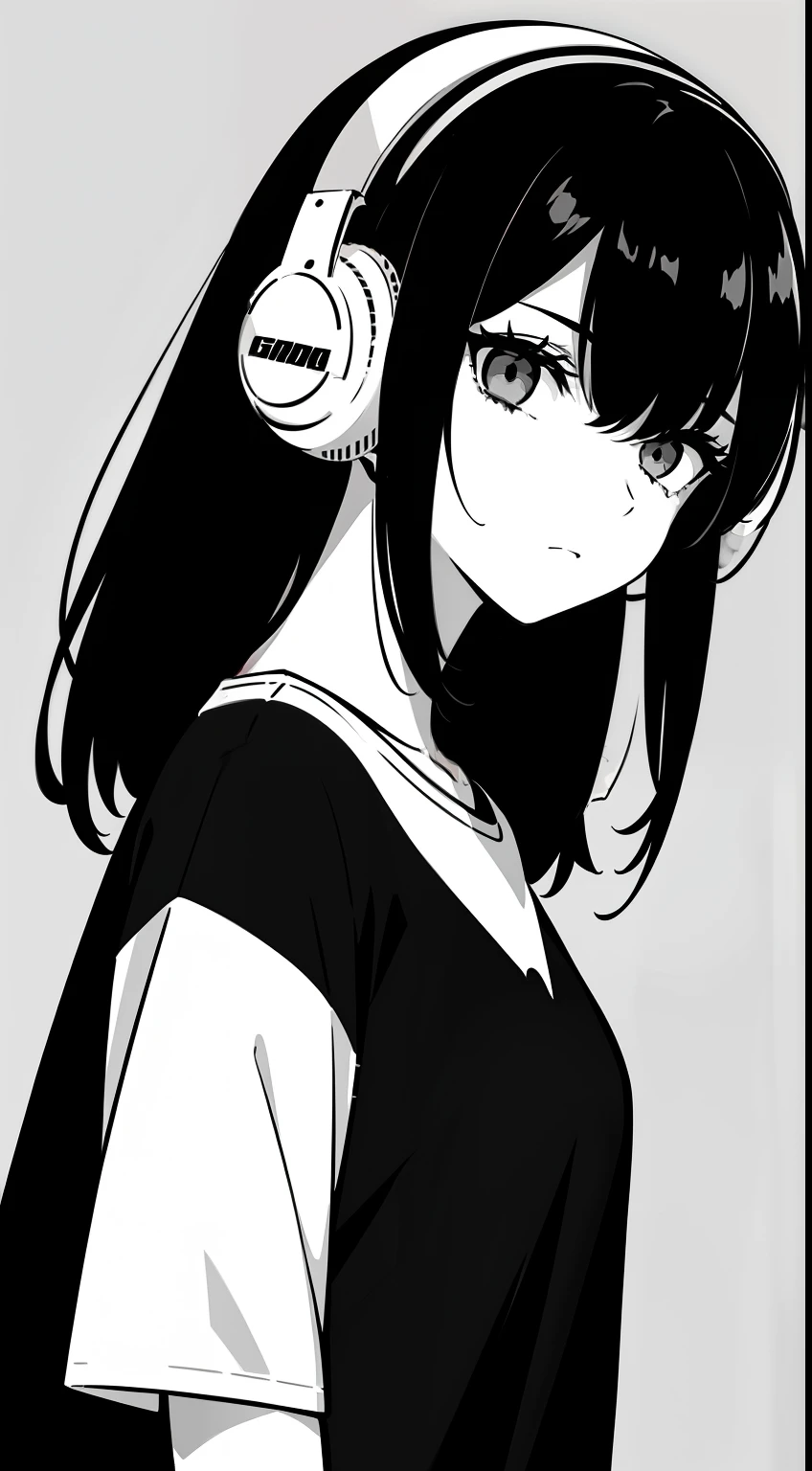 Girl, side portrait, Black and white, Messy short hair, Avant-garde accessories,Sporty style, Casual T-shirt, Confident gaze, monochromatic color scheme, Looks to the side, Chic street fashion, Casual hand in pocket pose,Head,((One guy)),Over-ear headphones, Large earmuffs,Luxurious long hair