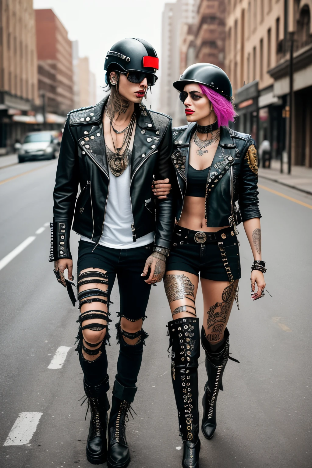 Two russian milf women, the taller one with the arm over the shoulder of the smaller one {caressing her neck and seducing her). grey hair (one: bouffant, top bun. The other, straight and middle part}and one wearing oversized square sunglasses and studded headband), with very light green eyes, extremely pale. Big lips. No tan. Wearing aged black moto jacket (zippers on the side, skull and bones pins). Both: old worn dark grey t-shirt with witchcraft logos. Both,, dark skinny low rise grey jeans with holes on knees ( patched with colourful fabric). Both:, dark grey worn jeans {with holes on knees) tucked in black leather knee high boots. . Lots of thick wide studded bracelets, chain collars and big rings. Both, high boots. Tacky wide studded leather belt with big skull and bones oval buckle. Long earrings with chains and feathers. Walking with hands in pockets, stretching her neck, craving., Neck, chest, stomach and wrists heavily tattoed. Toned abdominals, thin neck, slim legs and thin arms. Narrow hips and slim legs. Black leather studded tote bags. Graffitied wall behind, waste on the groun and piled garbage bags around.