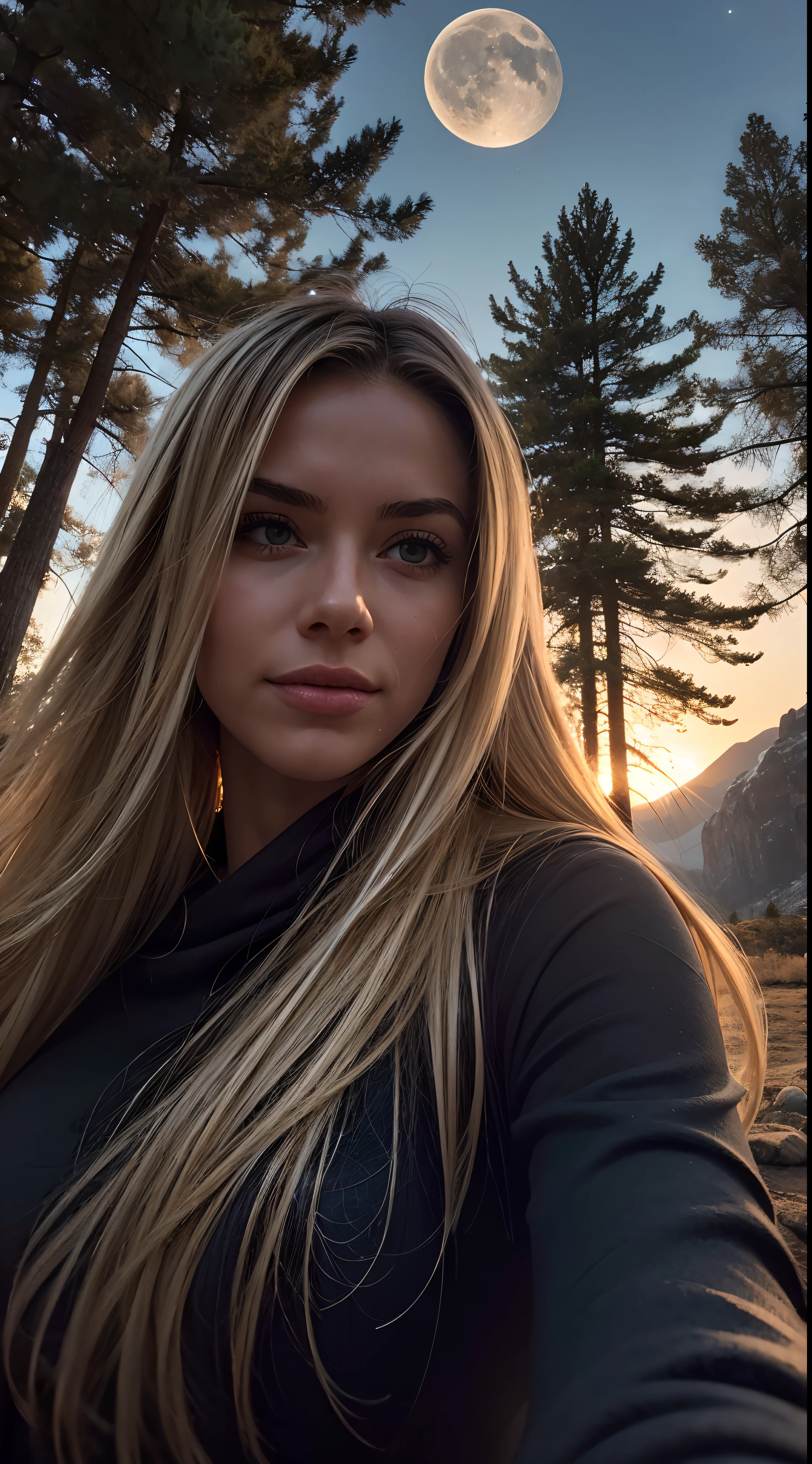 1 mulher, americano, lindo, ((selfie da parte superior do corpo, feliz)), Fotografando em uma barraca, Linda luz de fundo, Sinal aberto da barraca,obra de arte, melhor qualidade, ultra-detalhado, Sozinho, exteriores, (a noite), montanhas, natureza, (sao, A lua) alegre, feliz,, Aconchegante em um saco de dormir, Dentro da barraca, When you open the tent, You might see some good riders out there.., Madeiras, rock formations, rios, Madeira, smoke, sombrio, Contraste, clear sky, analog style (olhando para o espectador:1.2) (textura da pele) (film grain:1.3), (tom quente, tom quente:1.2), fechar-se, cinematic light, side lighting, Os ultra-altos, Melhores sombras, ....CRU, metade superior do corpo, wearing pullover, Relaxed and intimate photos, com longos cabelos loiros,