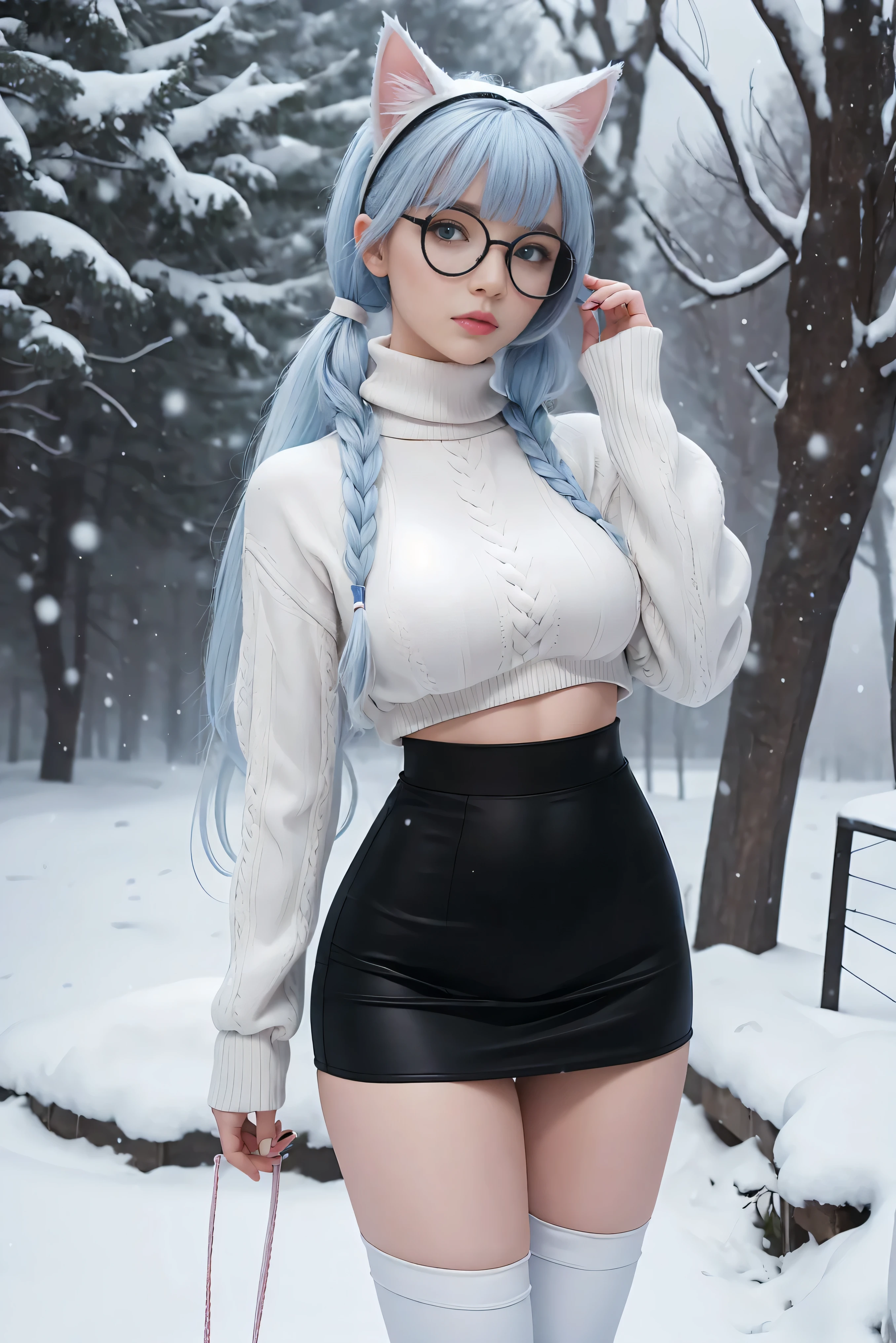 (Best Quality,High resolution:1.2), Ultra-detailed, Realistic portrait, hot Russian girl, pretty face, perfect long legs, full body, tiny waist. large breasts, standing, tight white cropped jumper, black high waist leggings, pink and white snow boots, in the snow, large blue eyes, long blue hair tied up with a ribbon, pigtails, tight high waist mini skirt, woolen socks, hair bangs, snowing, foggy, (large round black rimmed glasses), cat ears