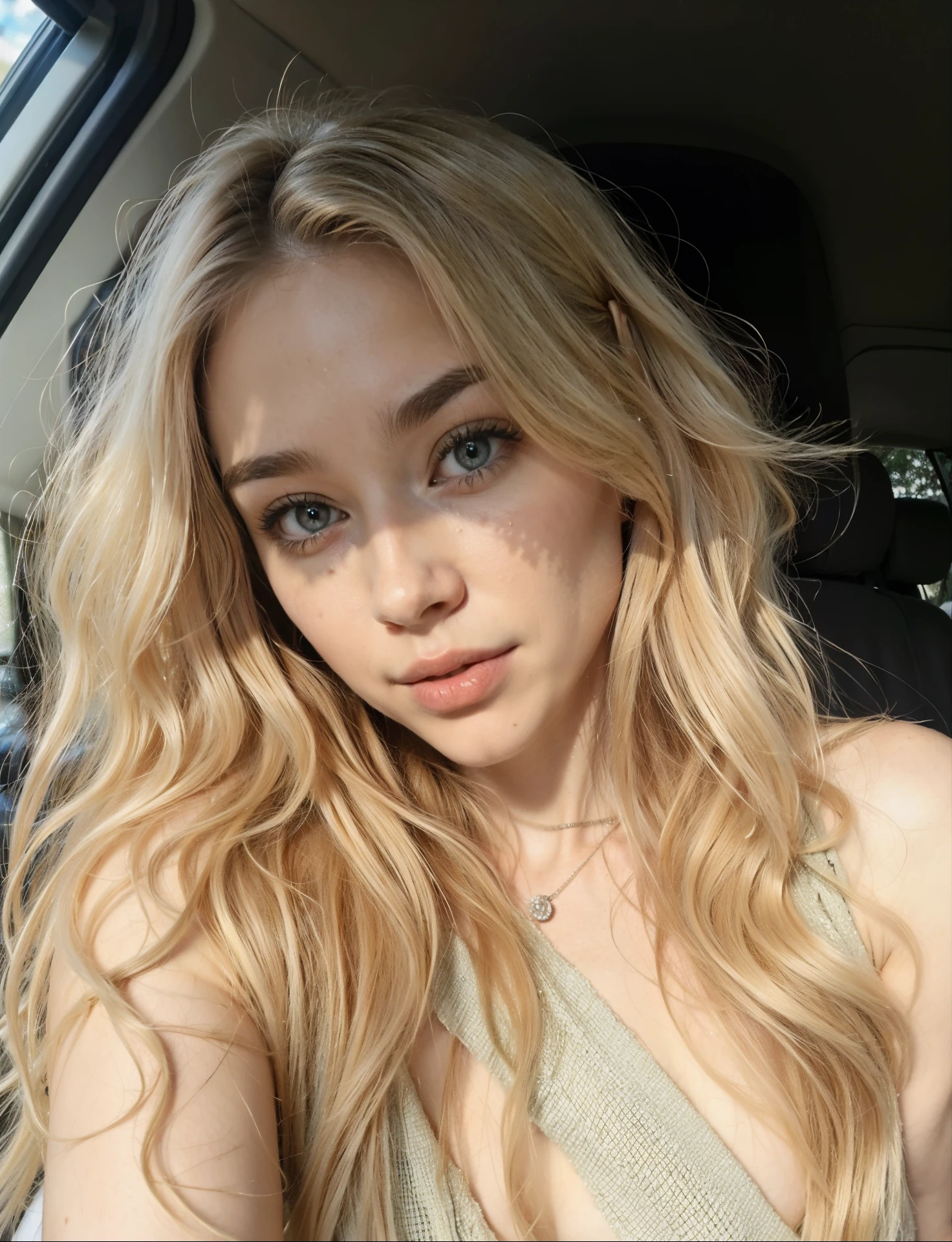 Mujer rubia con pelo largo sentada en un coche, longos cabello rubio y ojos grandes, cara extremadamente hermosa, pale skin curly blonde hair, longos cabello rubio y ojos grandes, cara muy bonita, hermosa chica rubia, uno con cabello rubio, cabello rubio y ojos grandes, hermosa joven modelo, cara perfecta ), hermoso rostro delicado, pale, shiny skin, con pelo largo y rubio