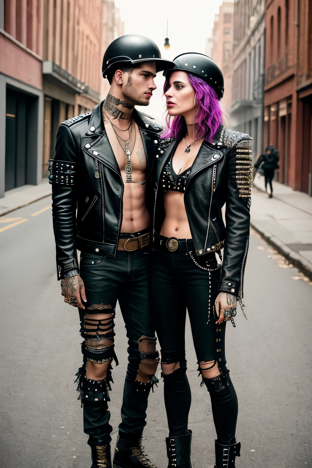 An incredibly beautiful young heterosexual couple, Creekstone-Kiss, locked in a passionate kiss, face-to-face, on the ruins of a once-vibrant city street. The 8K high resolution and sharp image captures the intricacies of their expressive faces, showcasing a myriad of emotions and feelings.
The woman, adorned in a radiant, flowing punk-style outfit reminiscent of Mad Max, dons a leather pilot helmet bedecked with intricate tattoos and adornments. Her leather jacket, ripped at the seams, is covered in intricate metallic studs and patches. Pairing this look with punk-insp