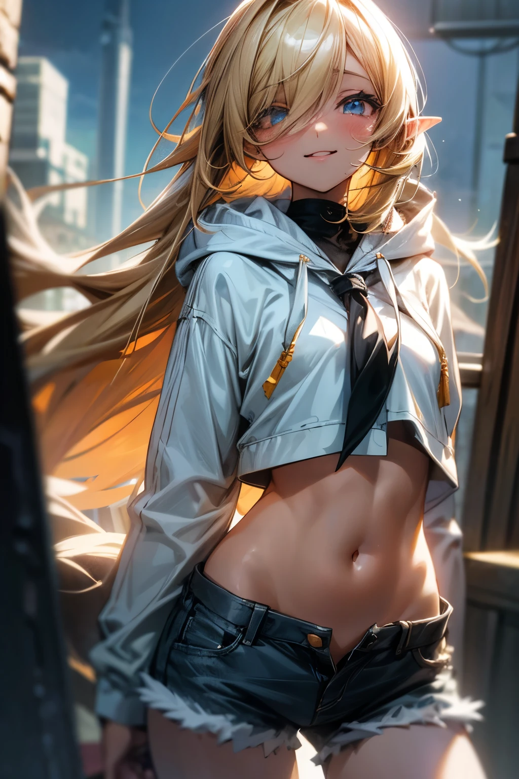 ((Masterpiece)), (Anime:1.3), ((best quality)), (RAW photo:1.2), (High Definition:1.3), (Professional Photography:1.2), (12 years old), (1girl), cute young girl, BREAK, blush, (Beautiful dark daiamond eyes:1.5), (dark skin), elvish, flat chest, slender waist, (Surprising Pose girl), BREAK, (hair over eyes:1.2), very long bangs, Silky straight hair, very long transverse hair, ((blond hair)), Hoodie, shortpants, on Acropolis Hills,